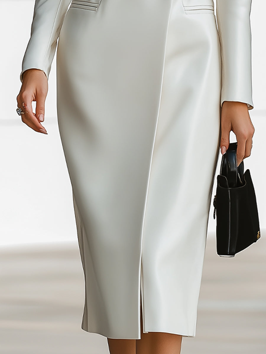 Elegant Double-Breasted Faux Leather Blazer Midi Dress