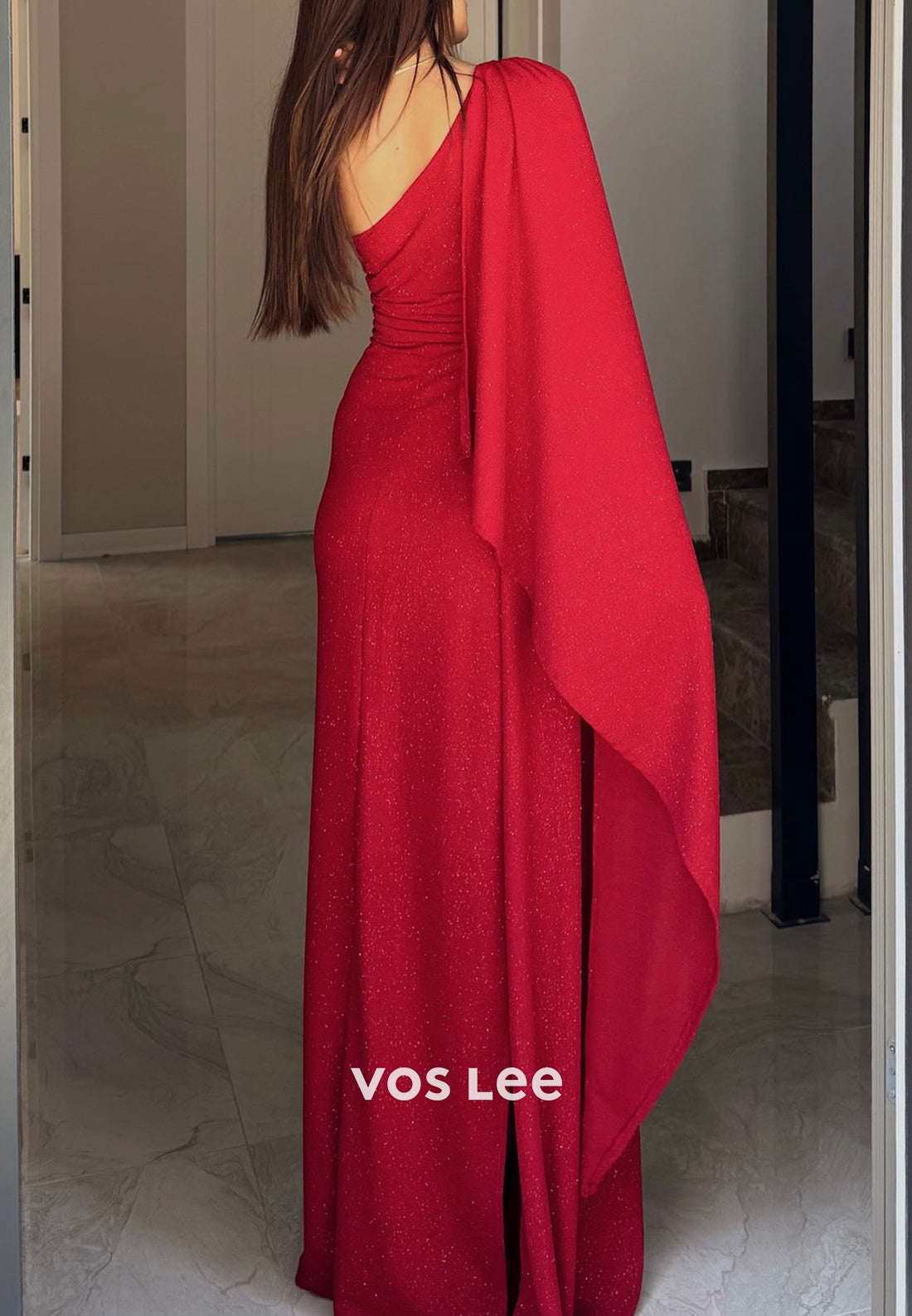 One Shoulder Floor-Length Pleated Mermaid Evening Dresses with High Split