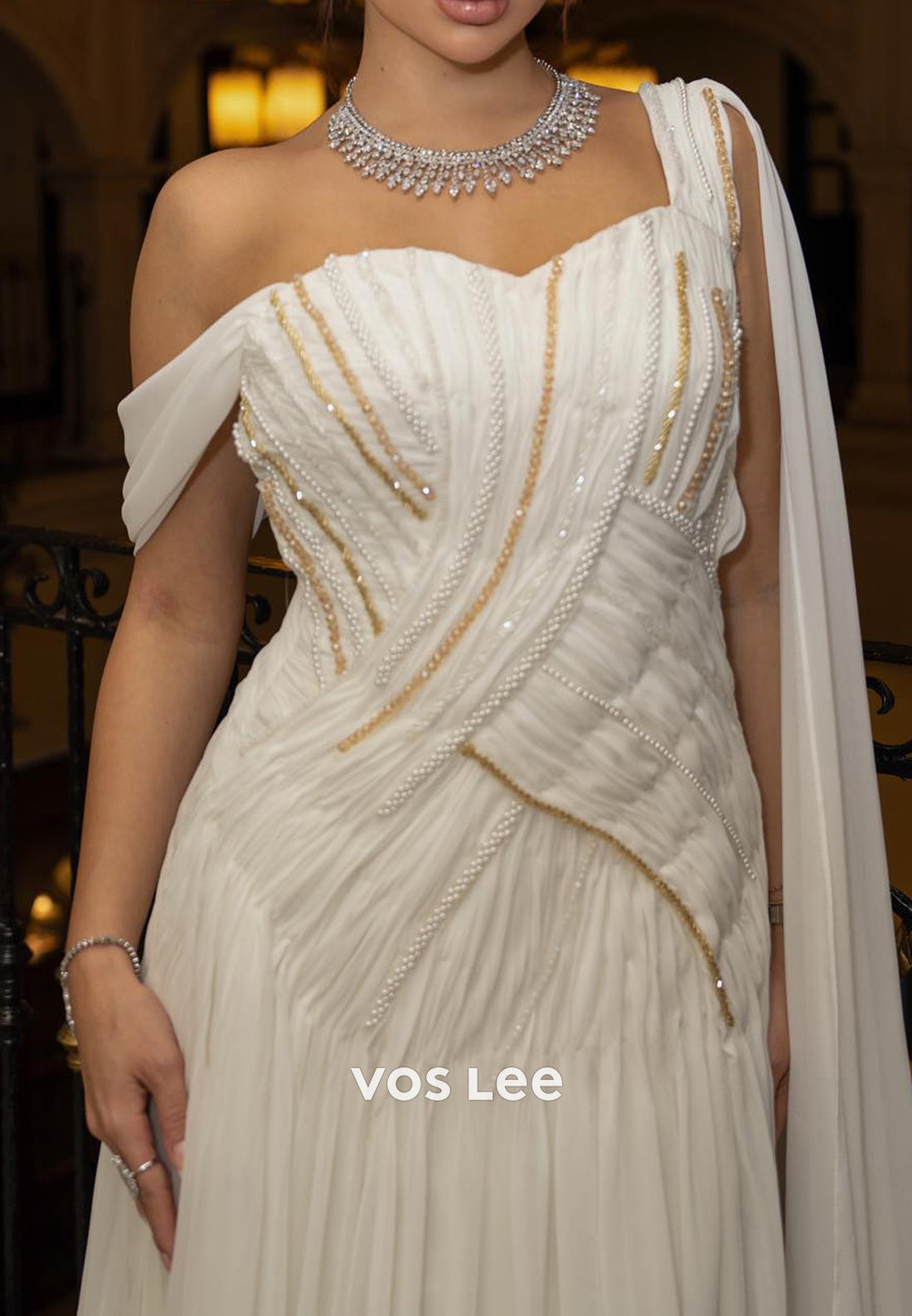 A-Line Sweetheart Beaded Pearl Embellished Evening Dresses with Sweep Train