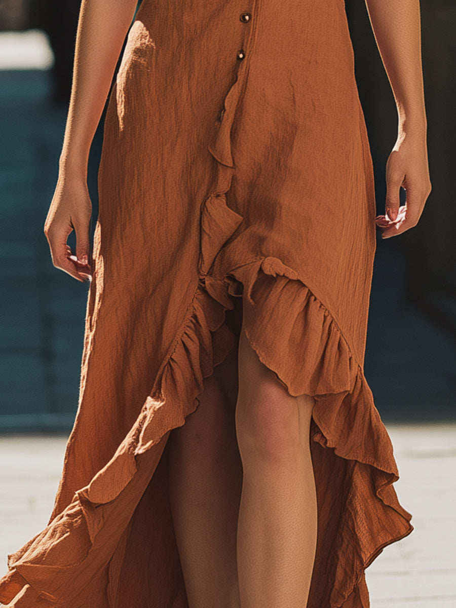 Rust Ruffle-Trimmed Cotton Linen Maxi Dress