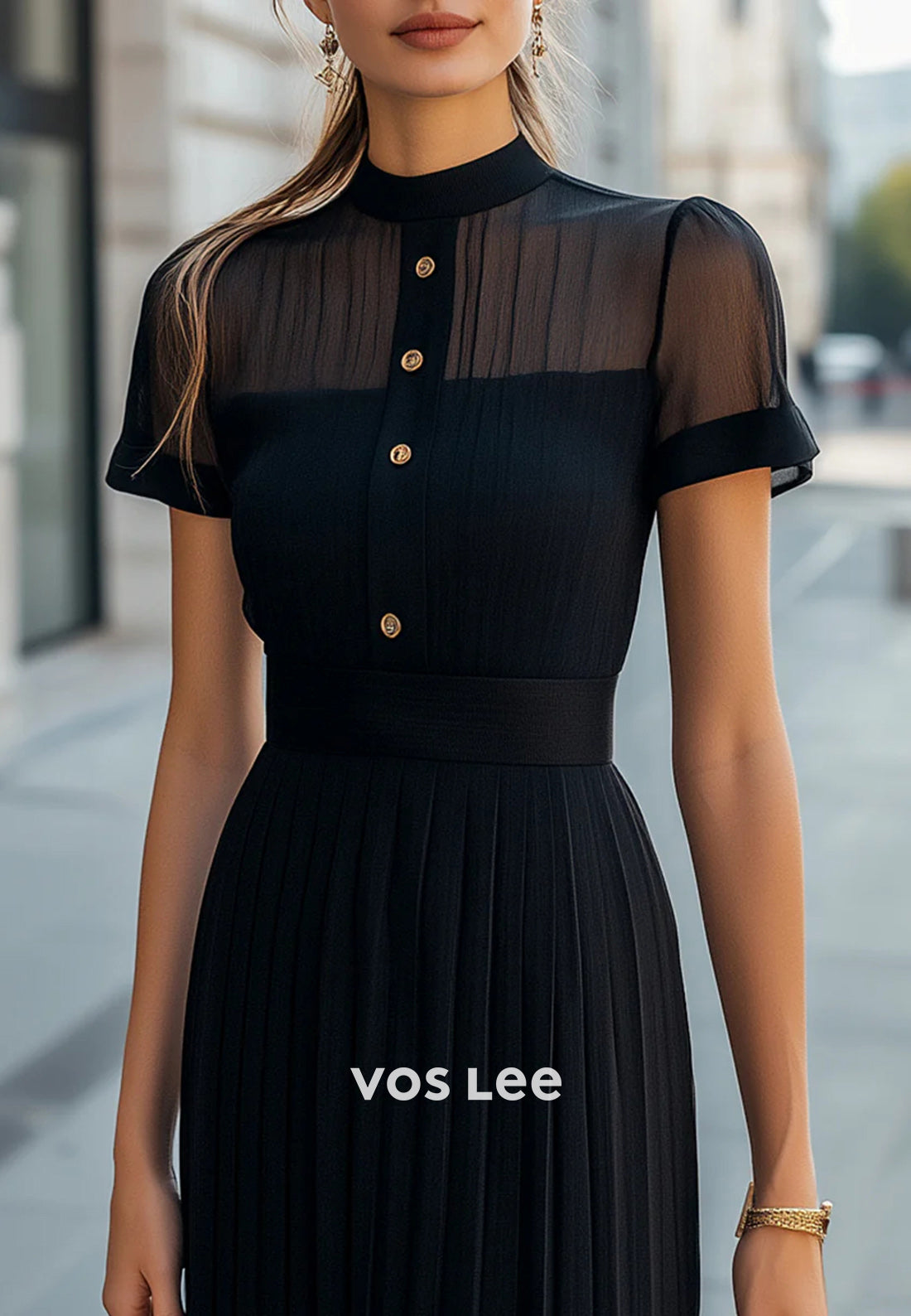 Simple A-Line Short Sleeve Illusion Neck Knee-Length Pleated Wedding Guest Dresses