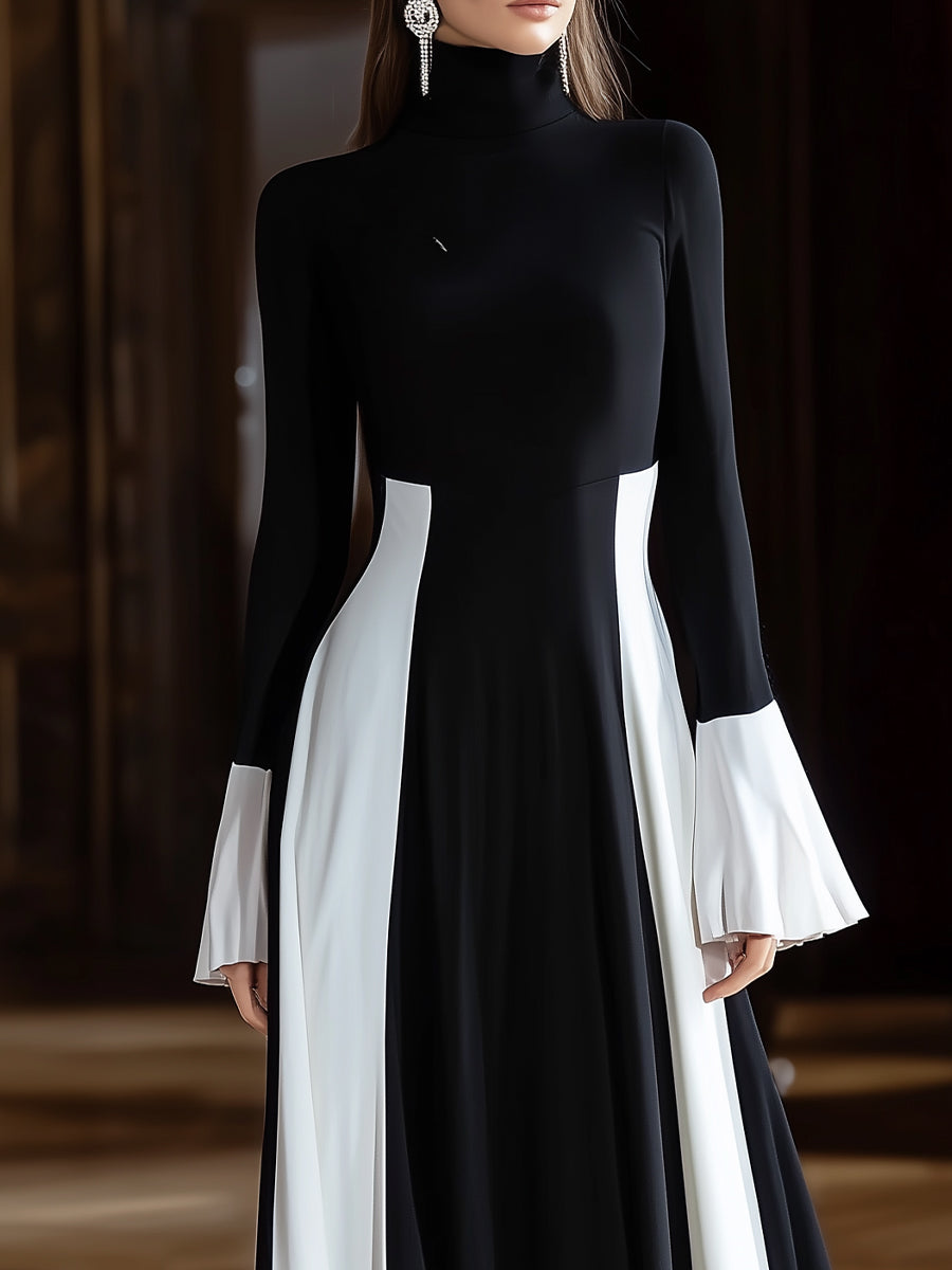 Black And White Contrast Panel Evening Gown With Flared Sleeves