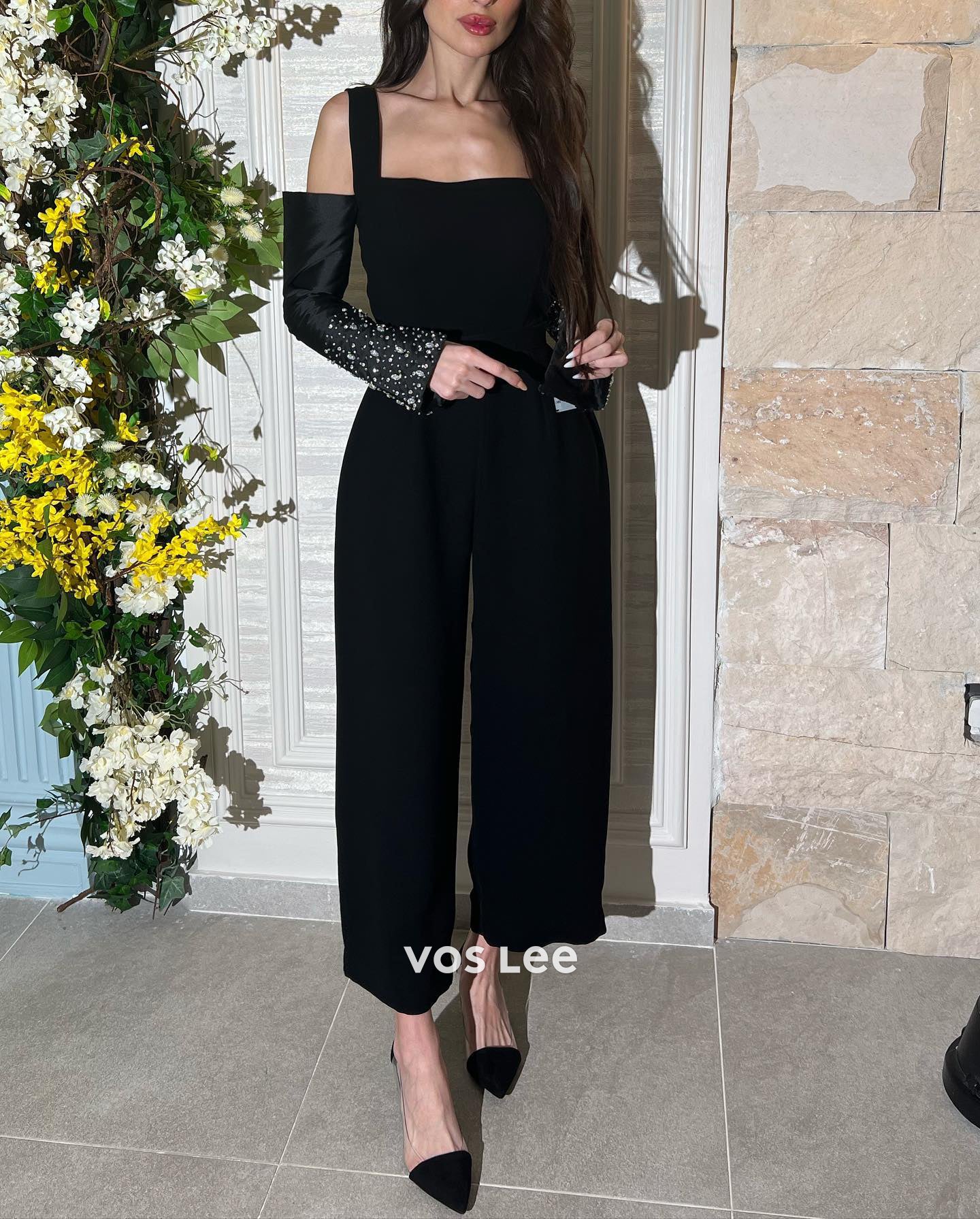 Long Sleeve Square Rhinestone Embellished Satin Jumpsuit