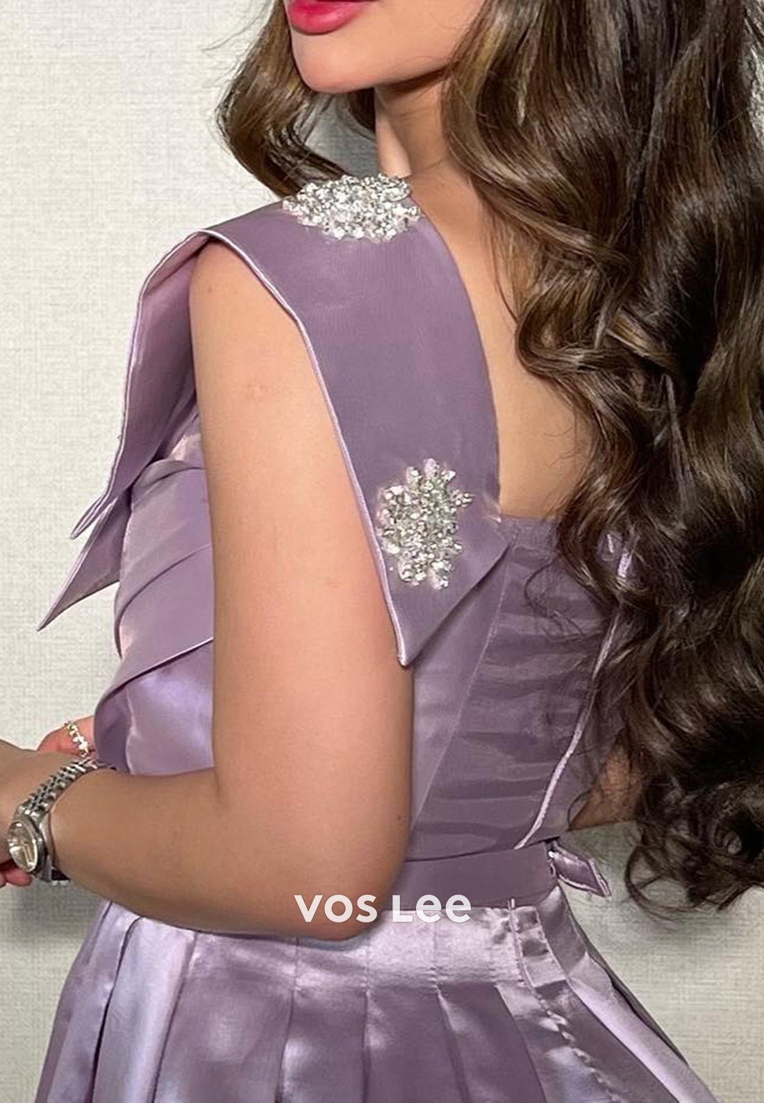 Lilac A-Line Asymmetrical Neck Rhinestone Embellished Evening Dresses