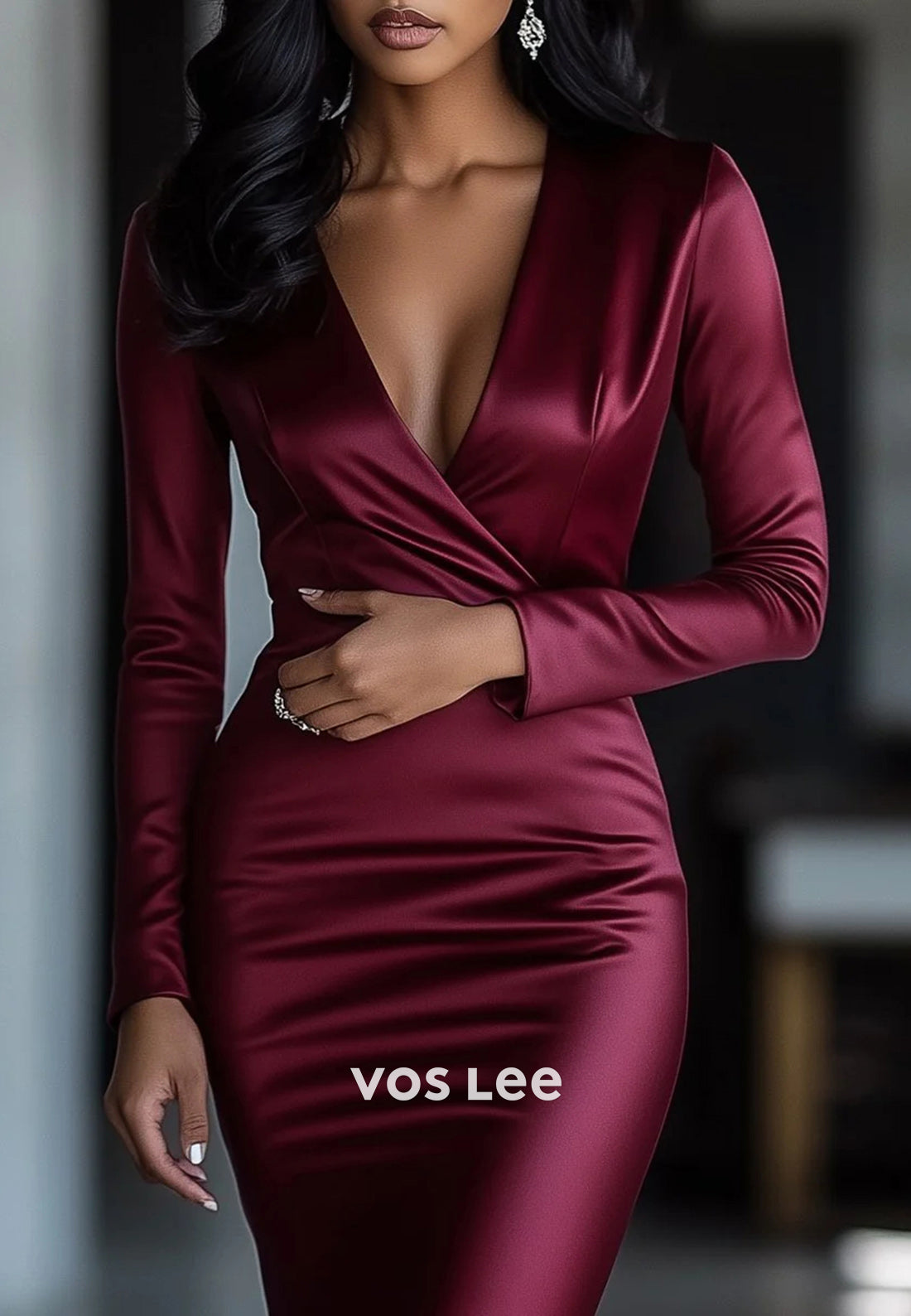 Long Sleeve V Neck Tea-Length Pleated Mermaid Wedding Guest Dresses Party Dresses