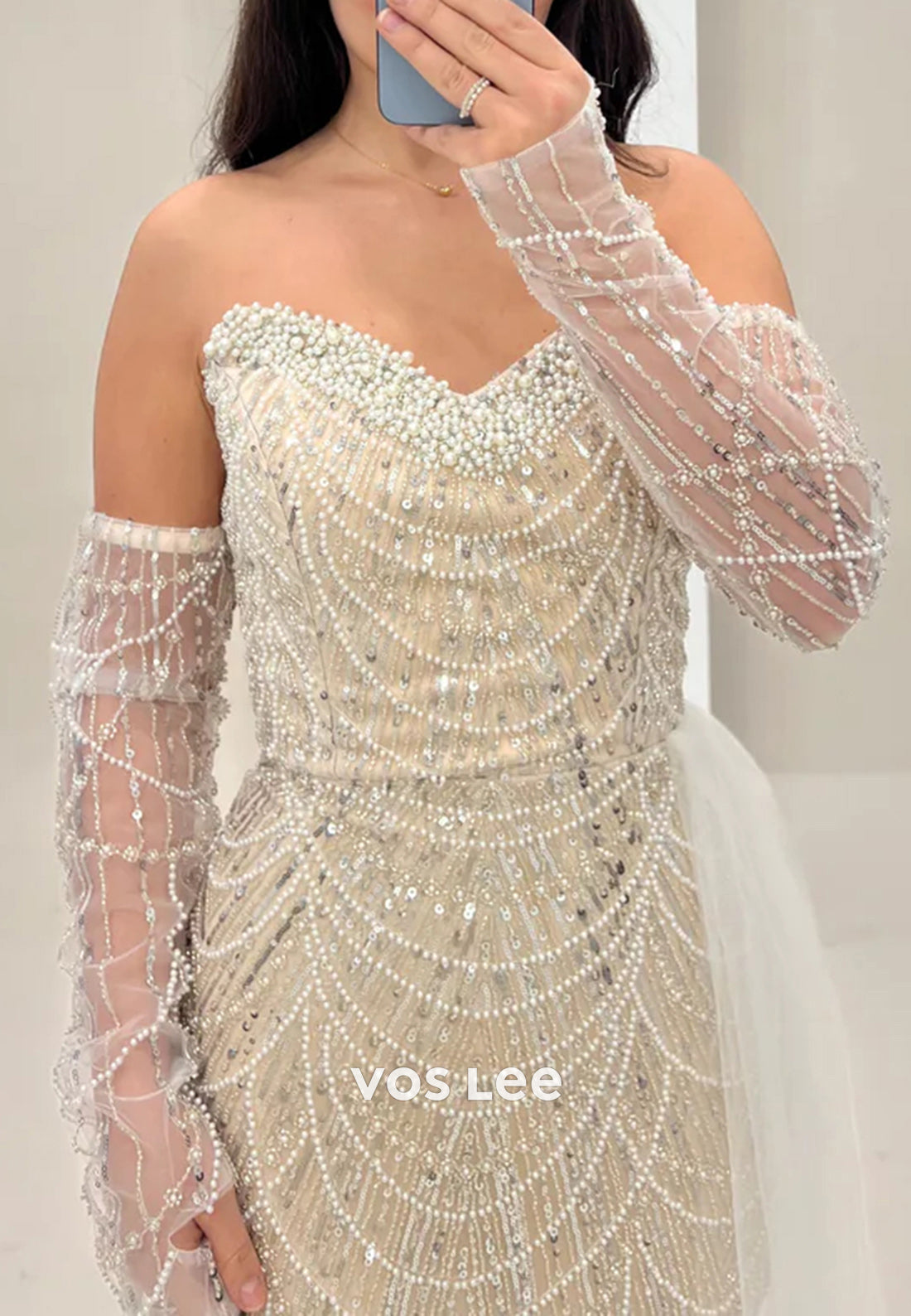Long Sleeve Sweetheart Fully Sequins Beaded Floor-Length Mermaid Evening Dresses