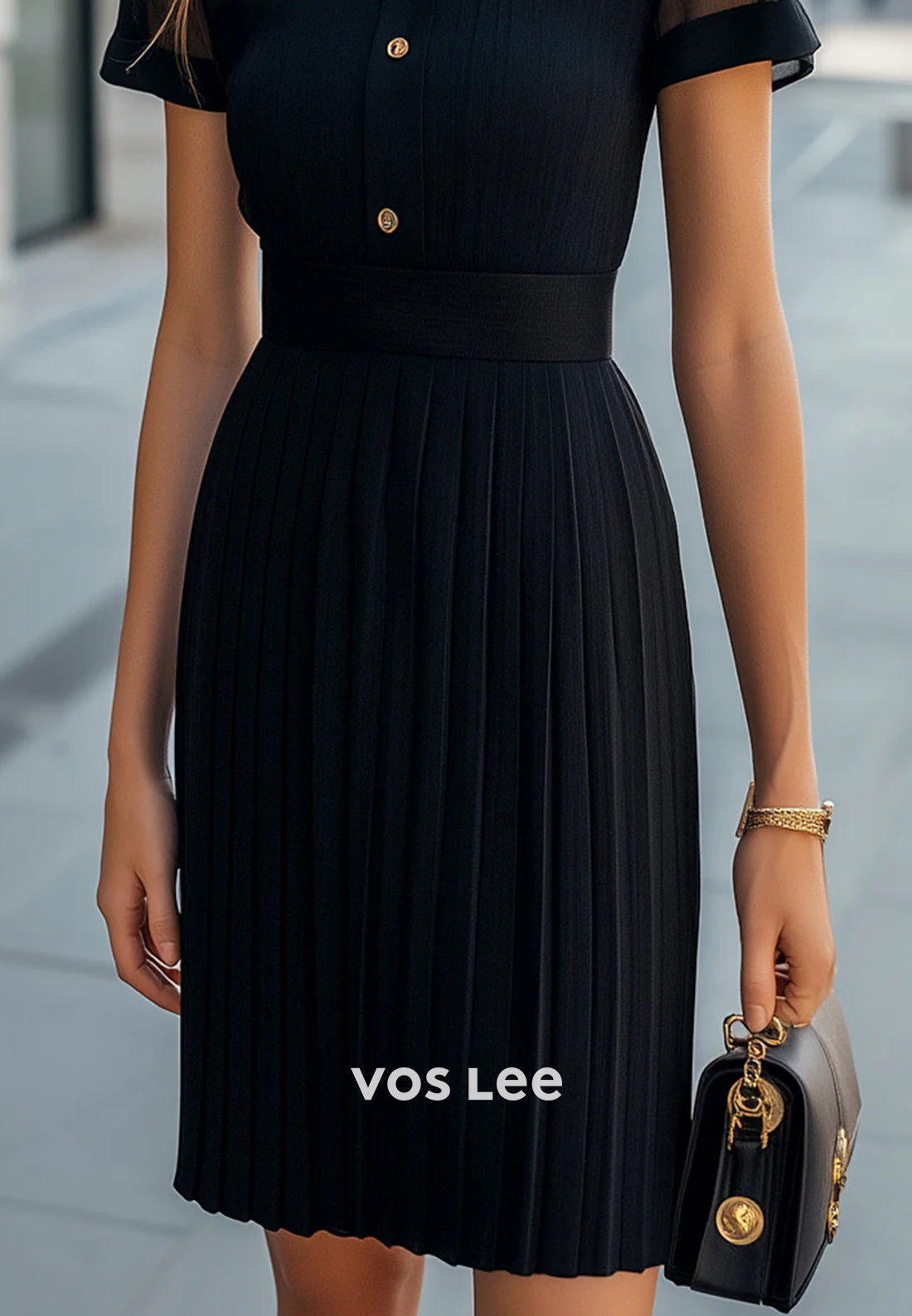 Simple A-Line Short Sleeve Illusion Neck Knee-Length Pleated Wedding Guest Dresses