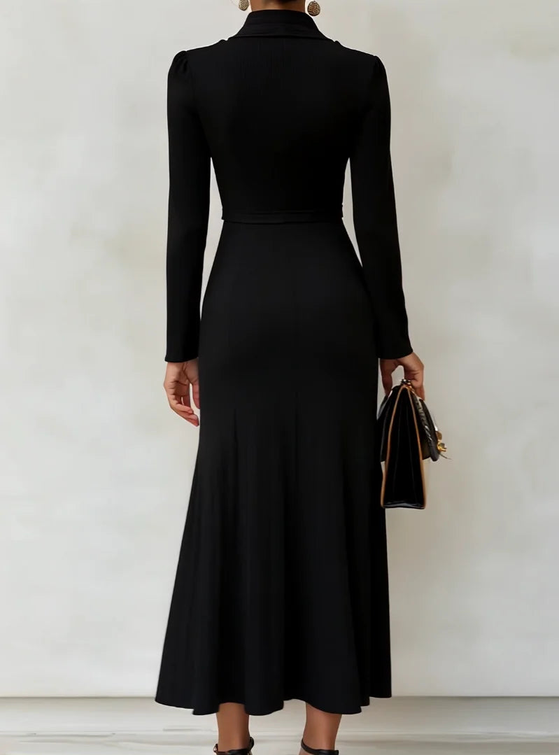 Elegant Retro Bowknot Neckline Gold Buttons Black Knitted Dress