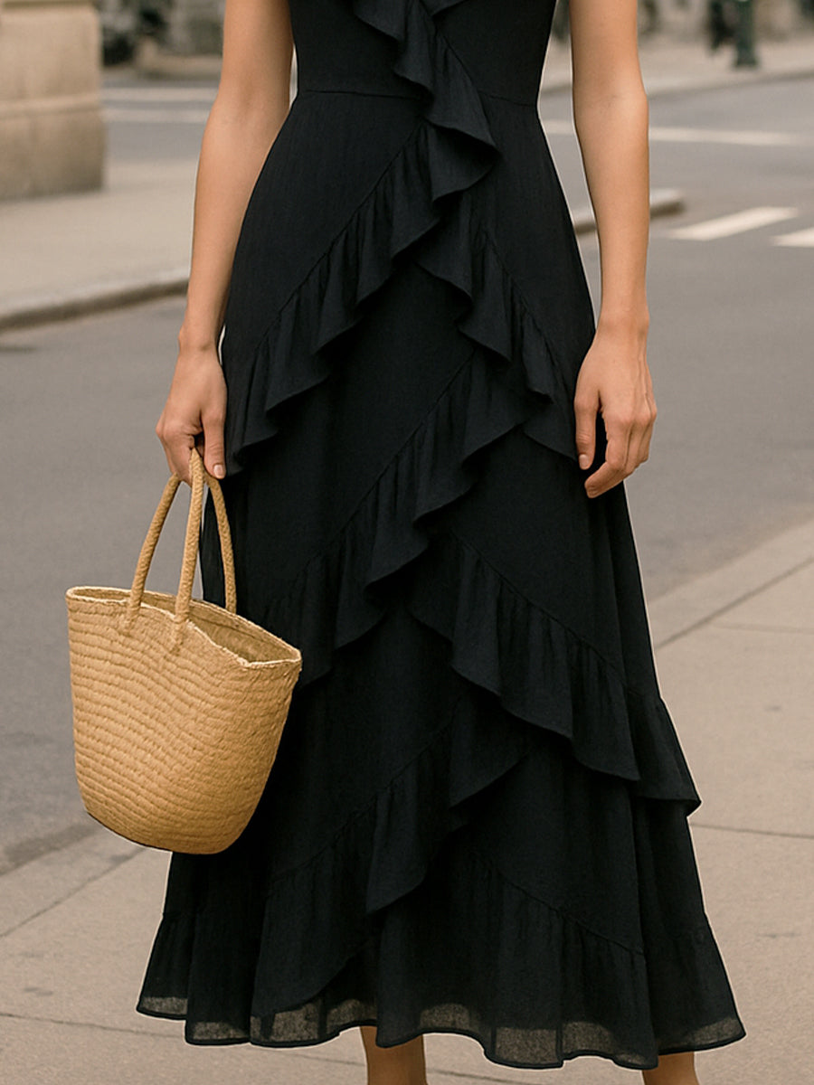 Romantic Ruffle Trim V-Neck Black Midi Dress Wedding Guest Dresses