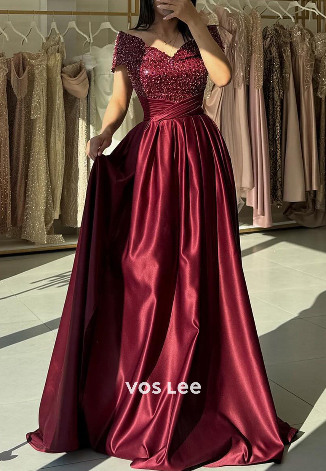 A-Line Off the Shoulder Sequined Pleated Long Evening Dresses with Court Train