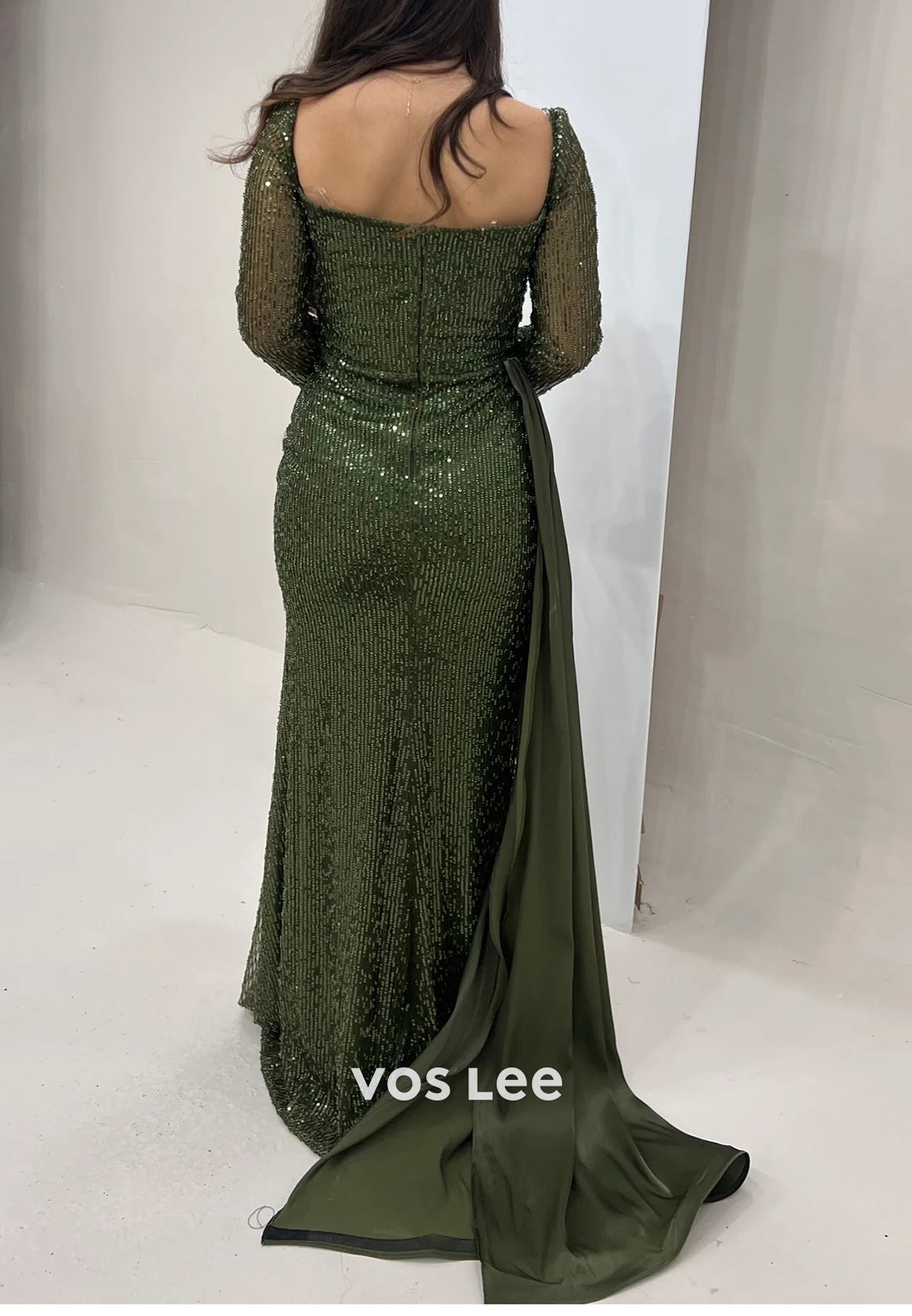 Long Sleeve Sweetheart Fully Sequined Beading Mermaid Evening Dresses with Sweep Train