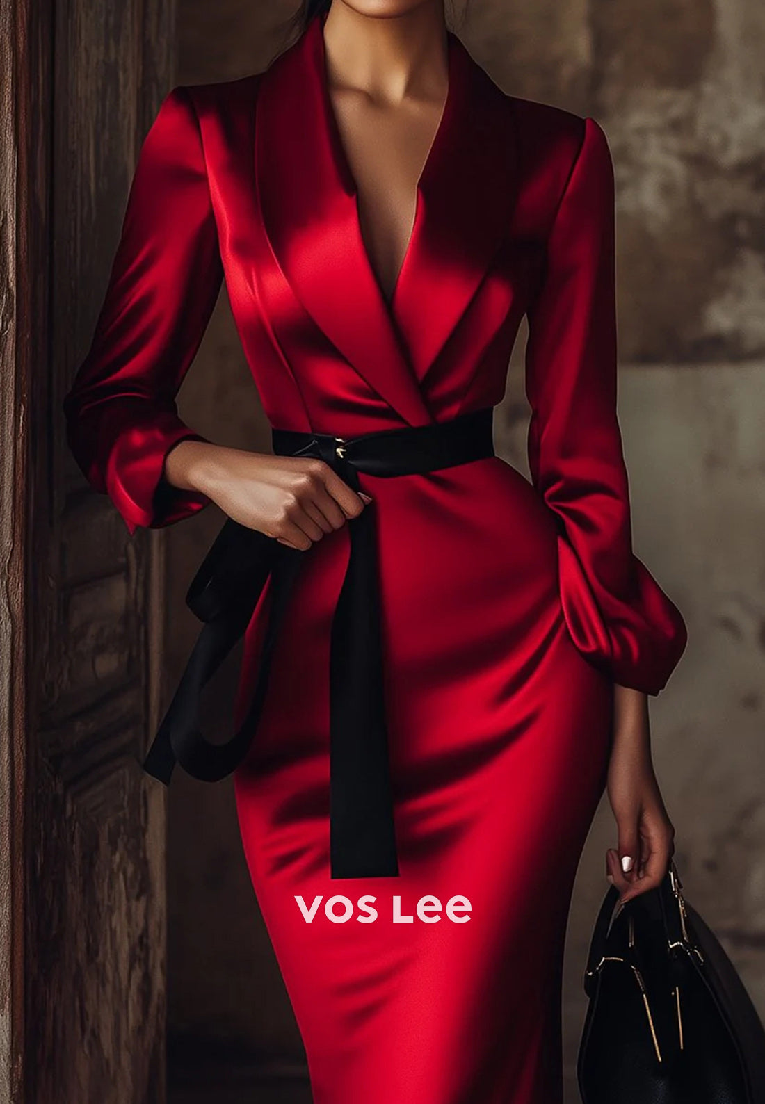 Long Sleeve V Neck Ankle-Length Empire Waist Pleated Mermaid Wedding Guest Dresses