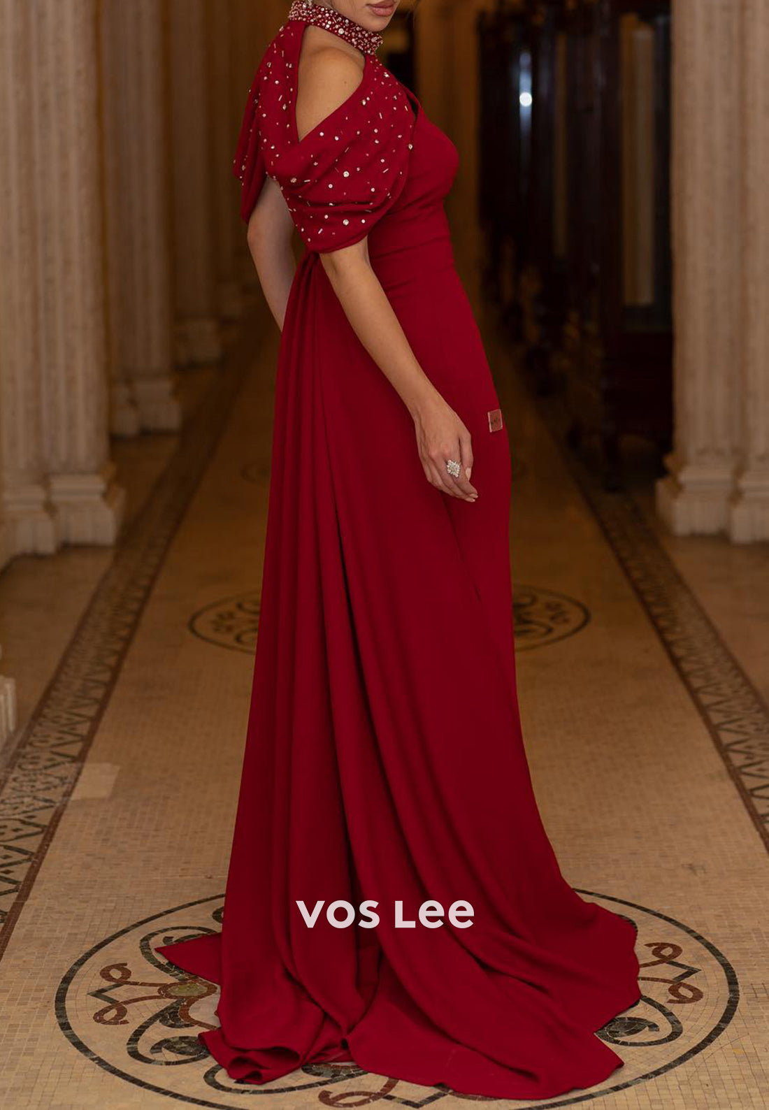 Burgundy Halter Beaded Embellished Mermaid Evening Dresses with Sweep Train