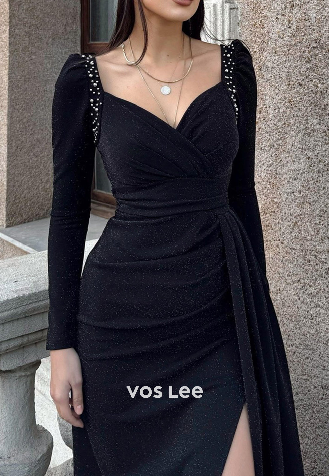 Long Sleeve V Neck Beaded Floor-Length Sheath Evening Dresses with Side Split