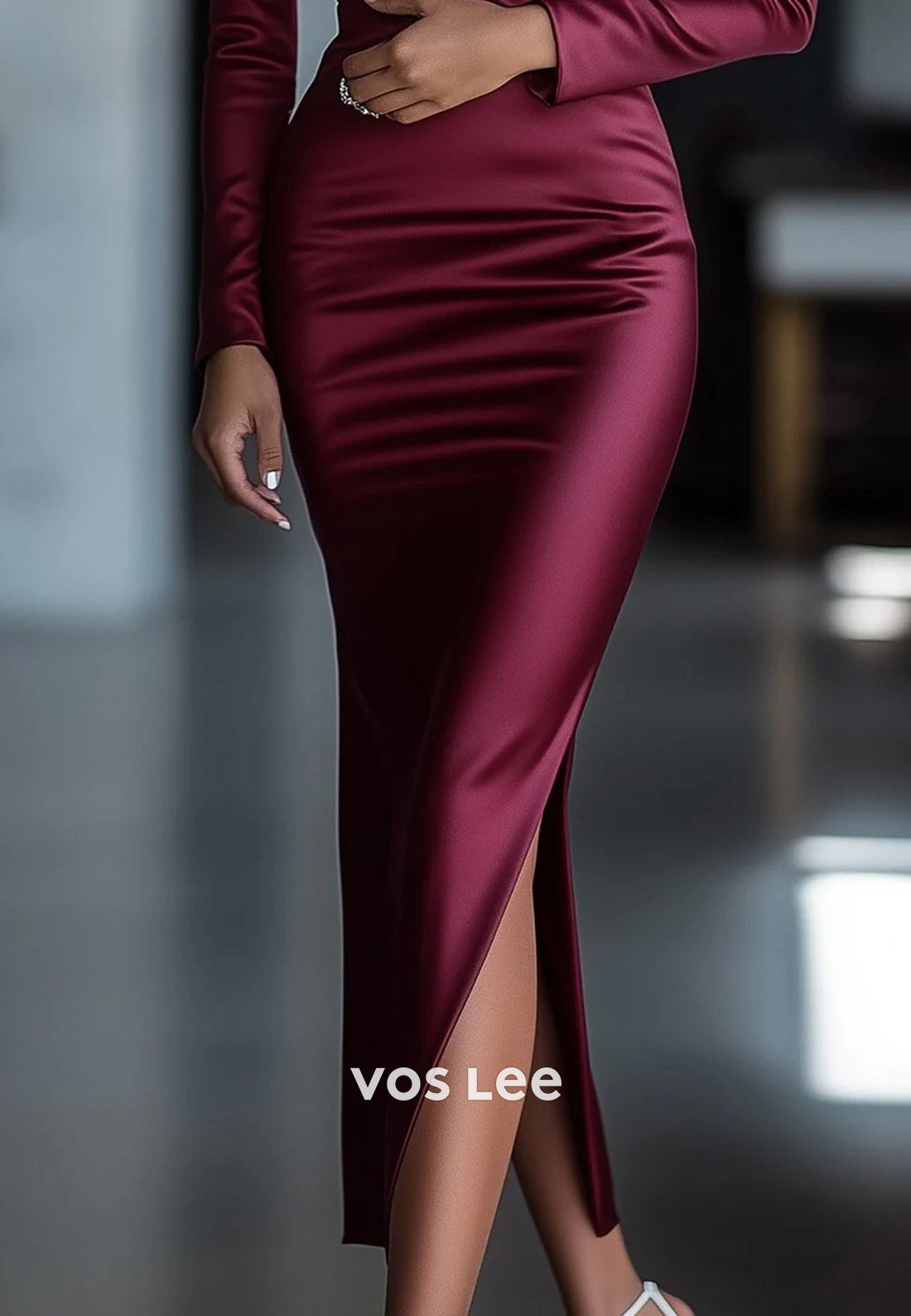 Long Sleeve V Neck Tea-Length Pleated Mermaid Wedding Guest Dresses Party Dresses