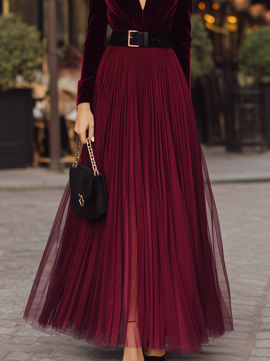 Velvet Deep V Pleated Mesh Maxi Dress With Belt