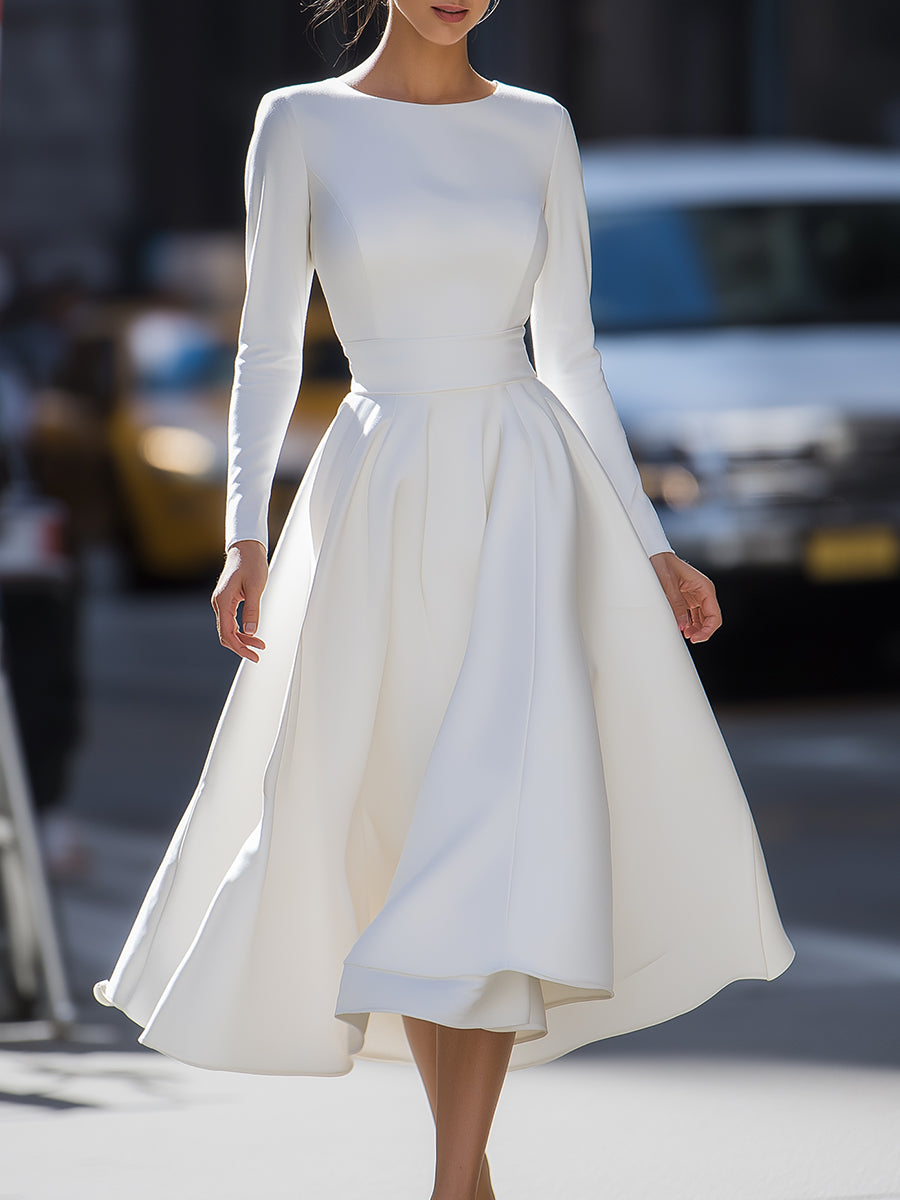 Ivory Long-Sleeve Midi Dress With Flared Skirt