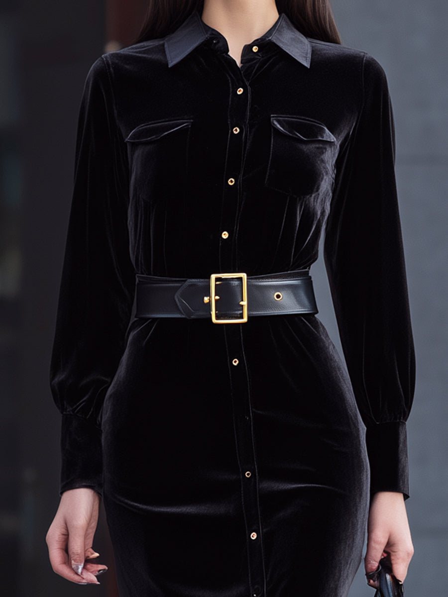 Noir Elegance Velvet Belted Midi Dress