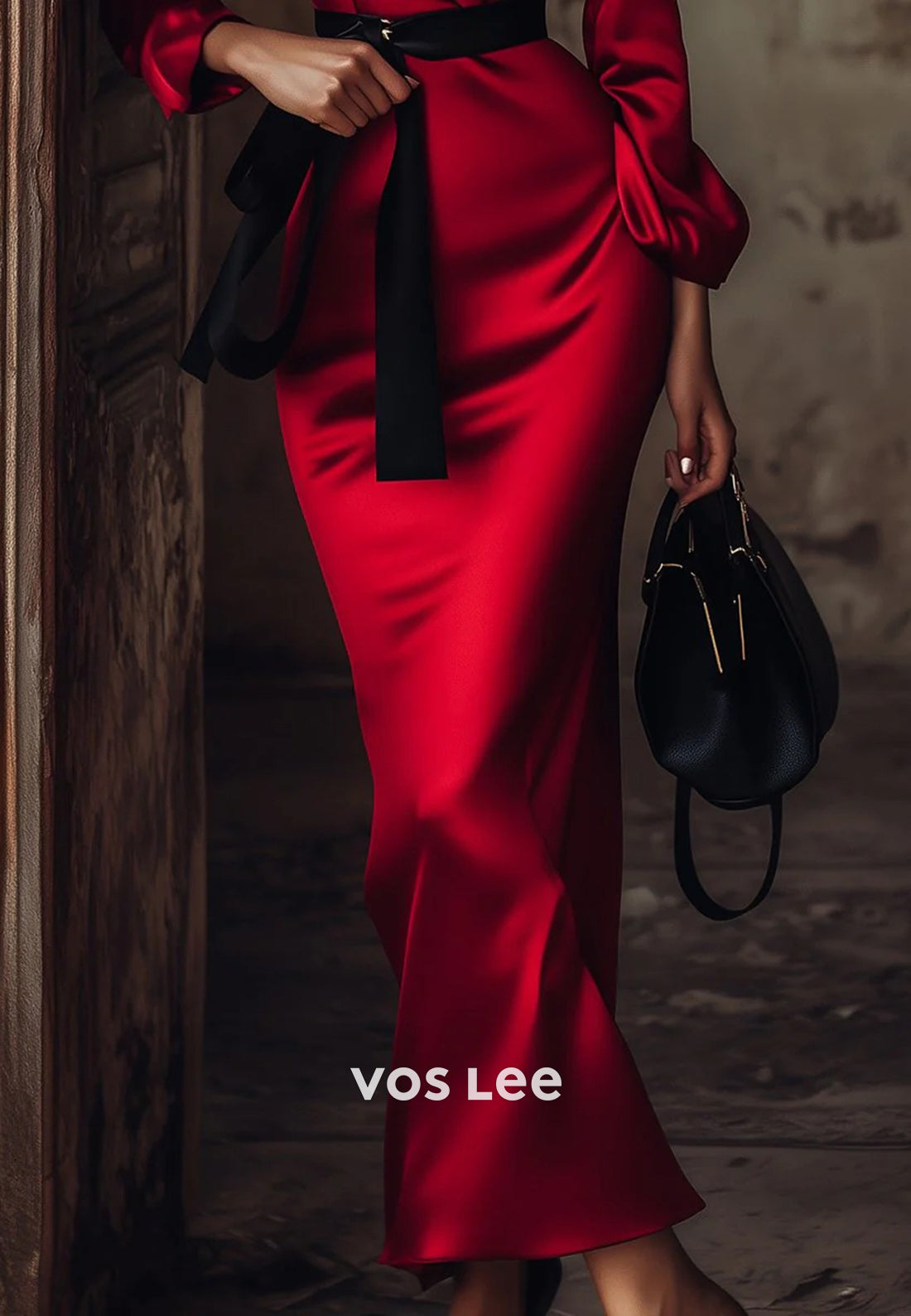 Long Sleeve V Neck Ankle-Length Empire Waist Pleated Mermaid Wedding Guest Dresses