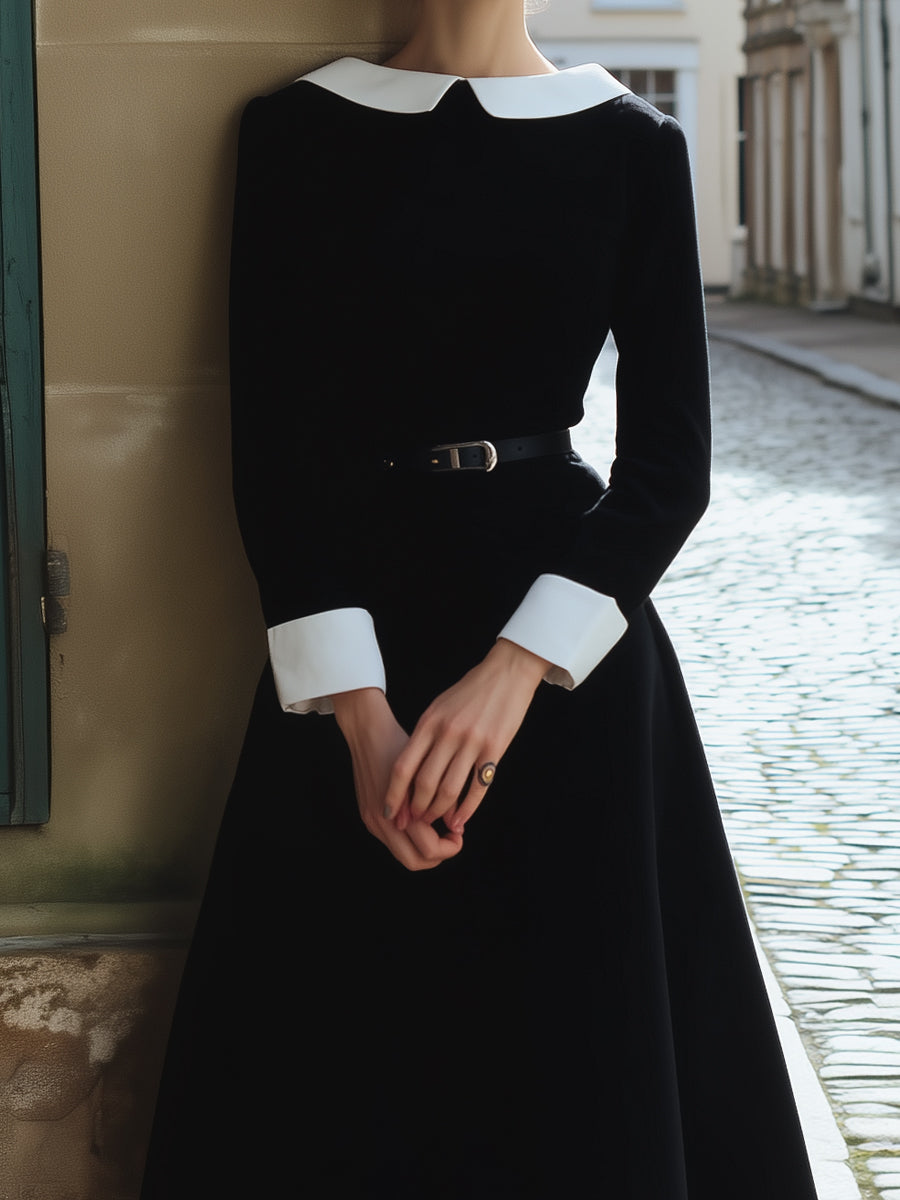 Vintage Contrast-Collar Velvet Midi Dress