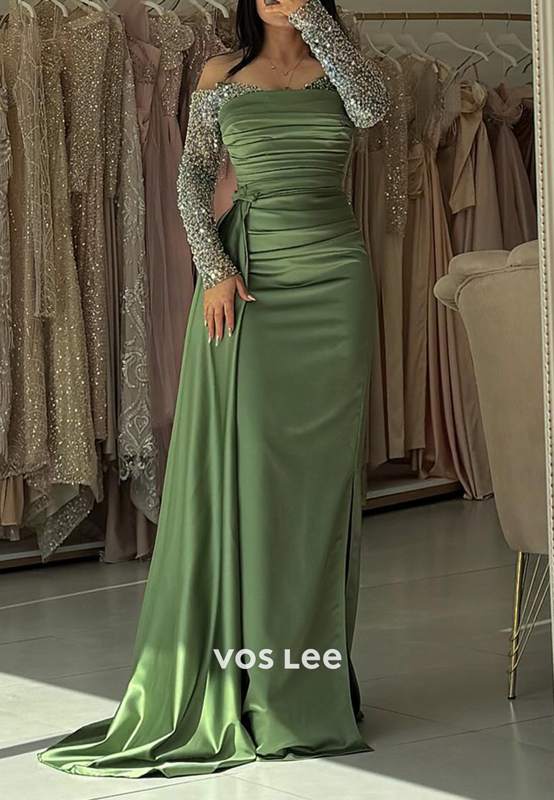 Long Sleeve Sequined Tube Top Pleated Mermaid Evening Dresses with Sweep Train