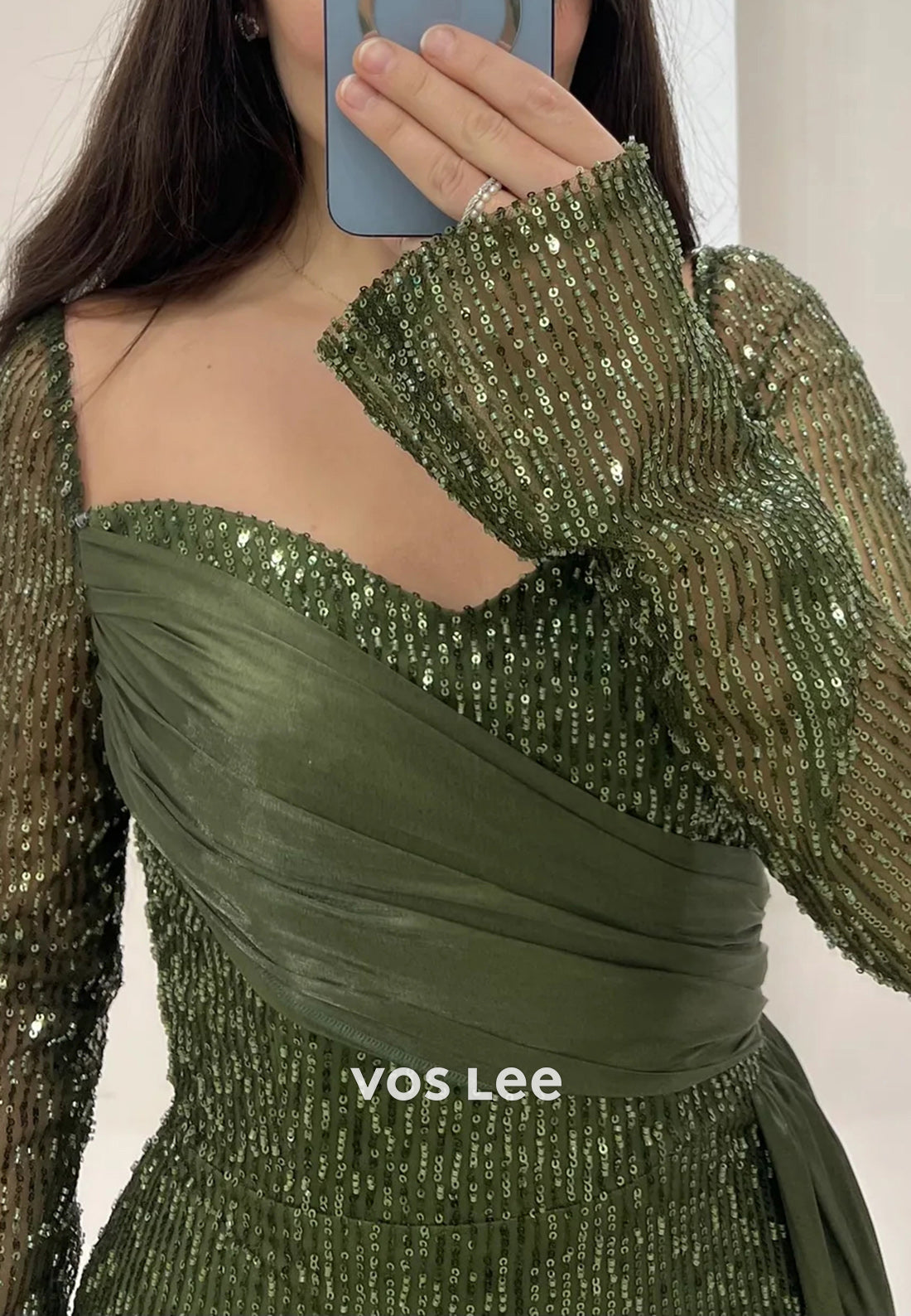 Long Sleeve Sweetheart Fully Sequined Beading Mermaid Evening Dresses with Sweep Train