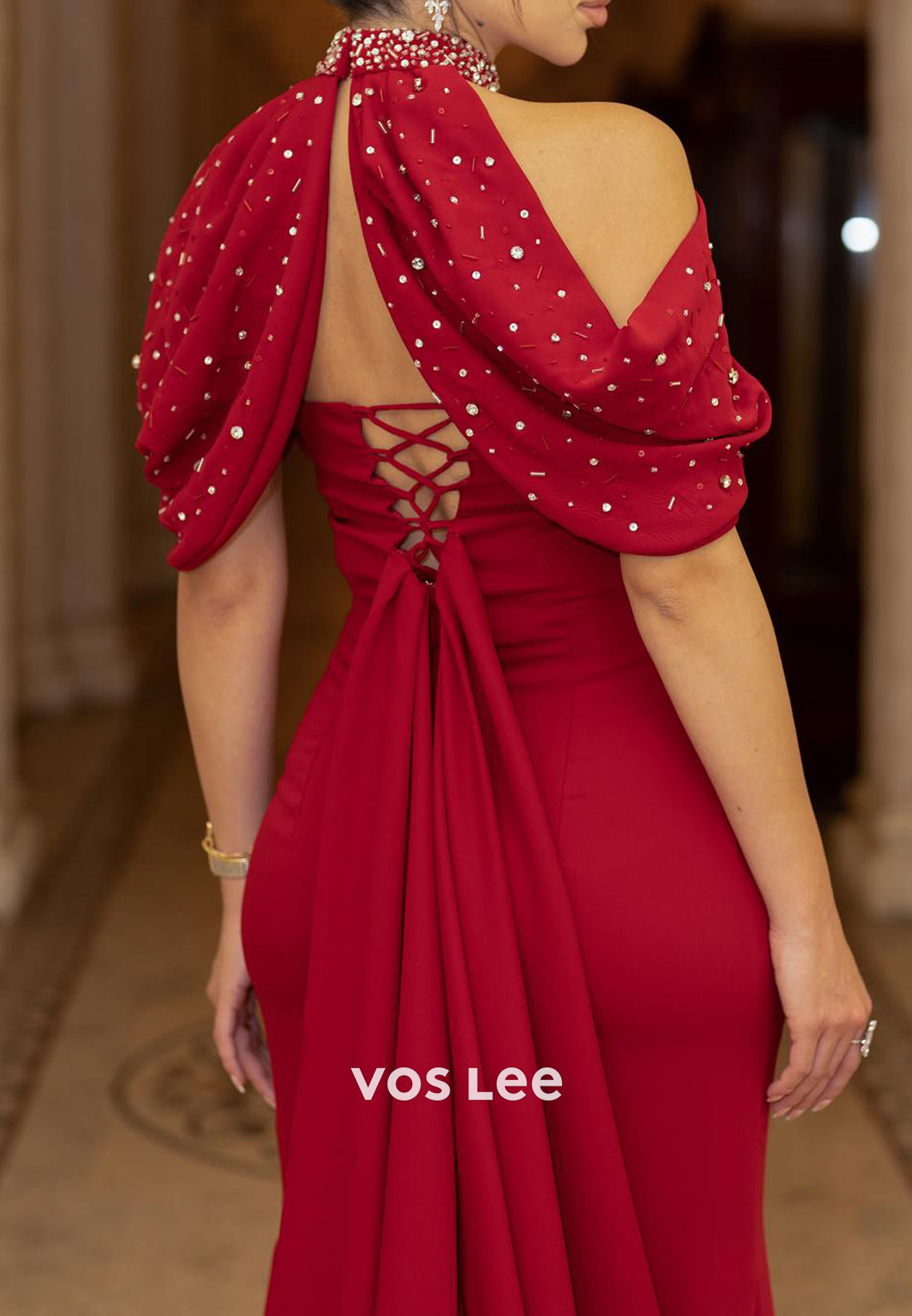 Burgundy Halter Beaded Embellished Mermaid Evening Dresses with Sweep Train