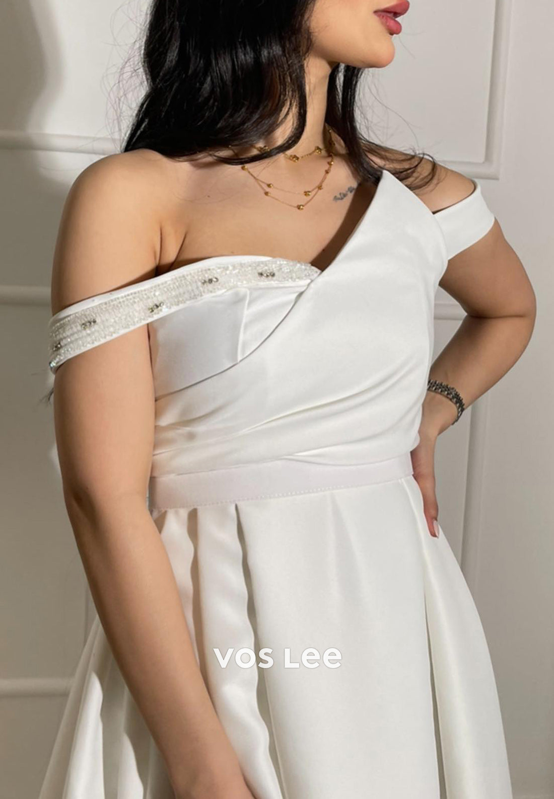 White A-Line Off the Shoulder Beaded Pleated Satin Evening Dresses
