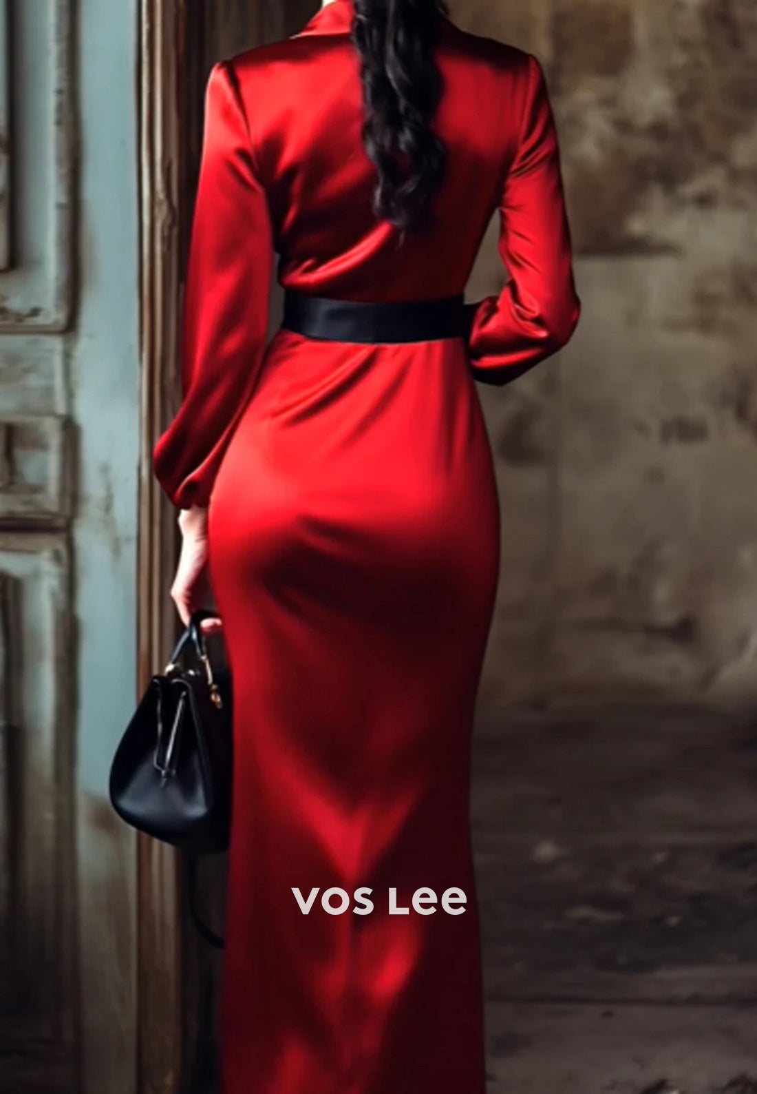 Long Sleeve V Neck Ankle-Length Empire Waist Pleated Mermaid Wedding Guest Dresses