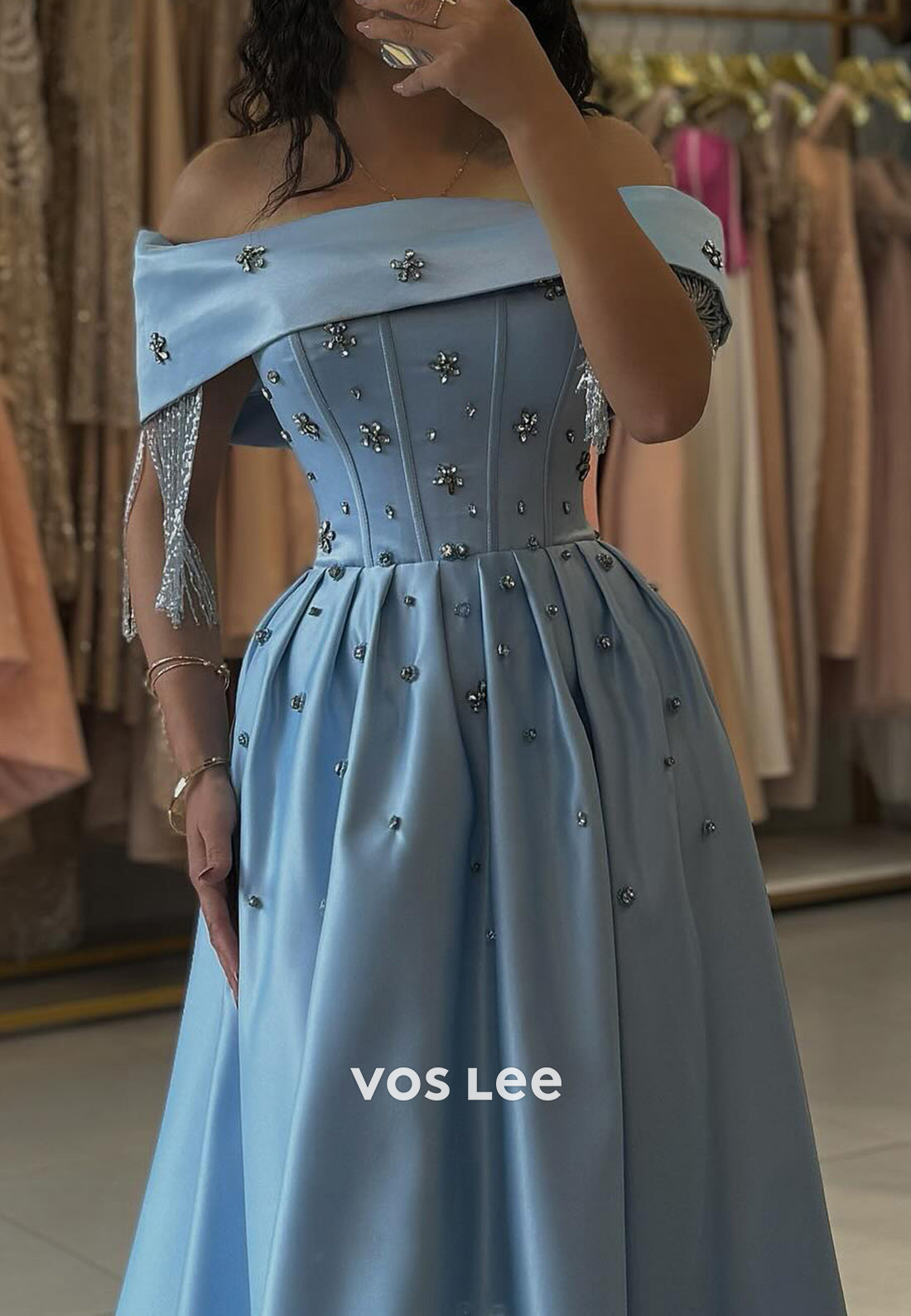 A-Line Sky Blue Off-Shoulder Rhinestone Tassel Prom Dresses with Chapel Train