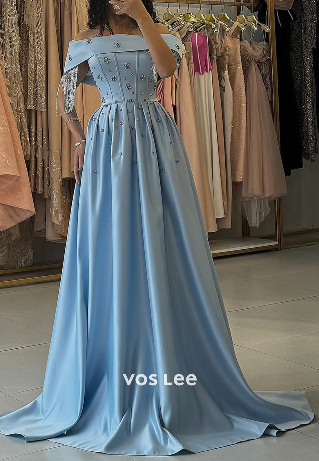 A-Line Sky Blue Off-Shoulder Rhinestone Tassel Prom Dresses with Chapel Train