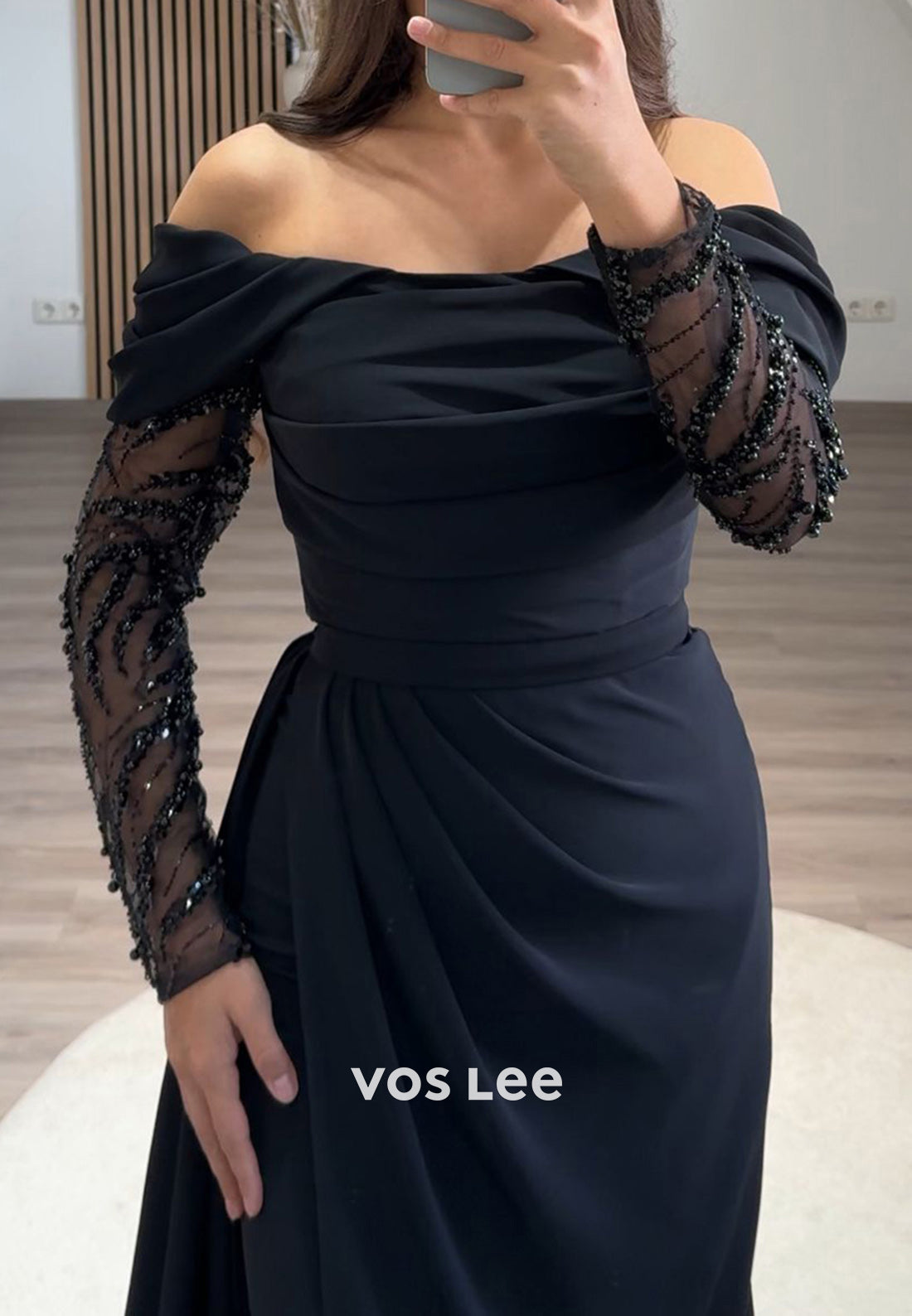 Formal Beaded Off Shoulder Sleeves with Train Sheath Evening Party Dress