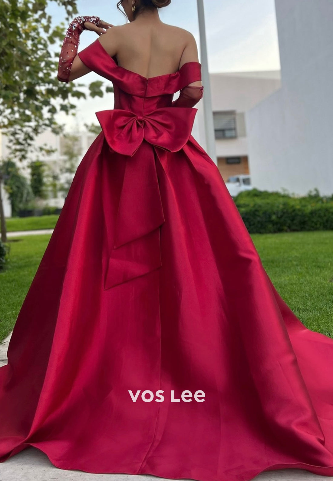 Long Sleeve Off-Shoulder Rhinestone Party Evening Dresses with Court Train with Split