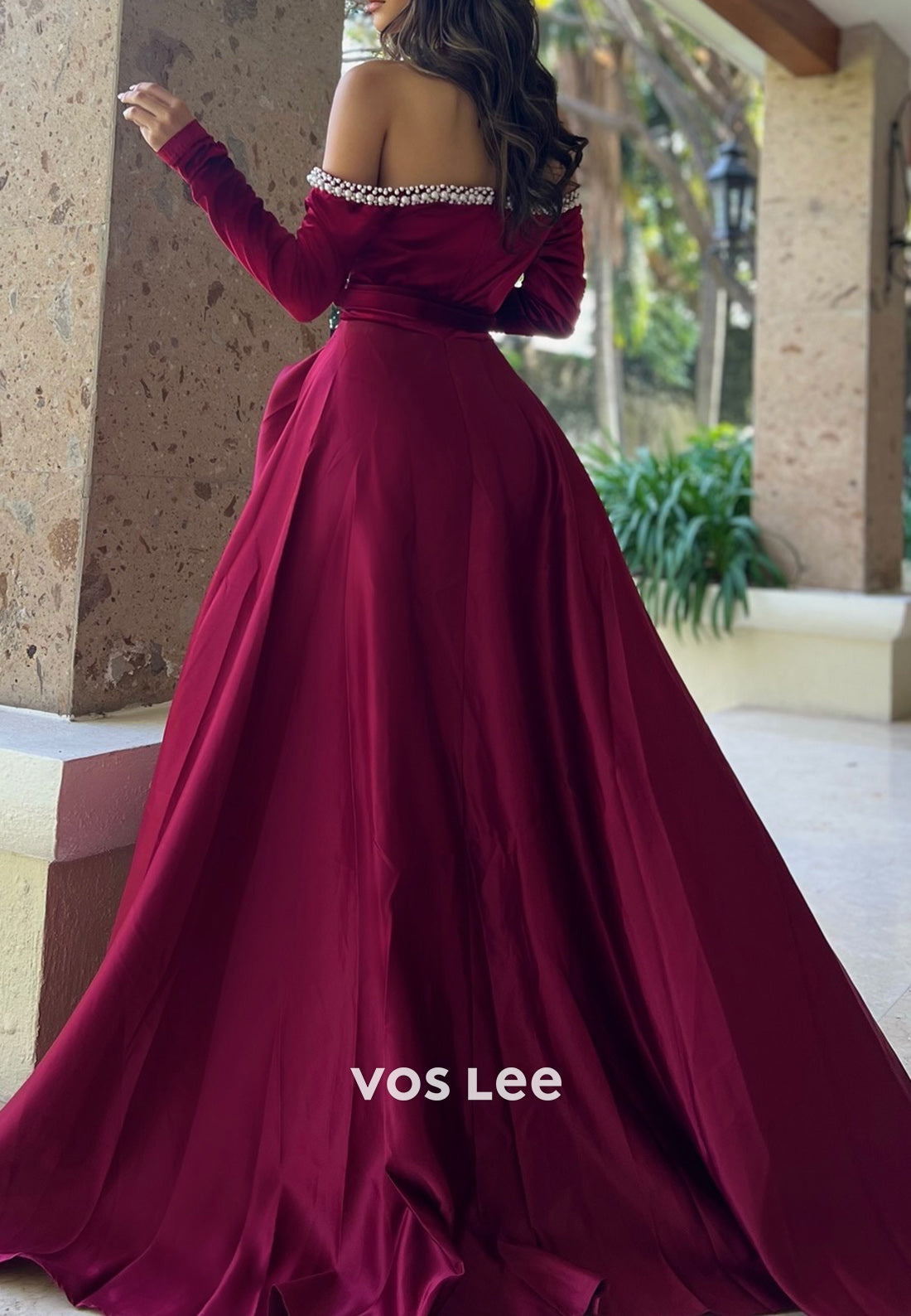 Long Sleeves Off-Shoulder Pearls Sweetheart Evening Dresses with High Split