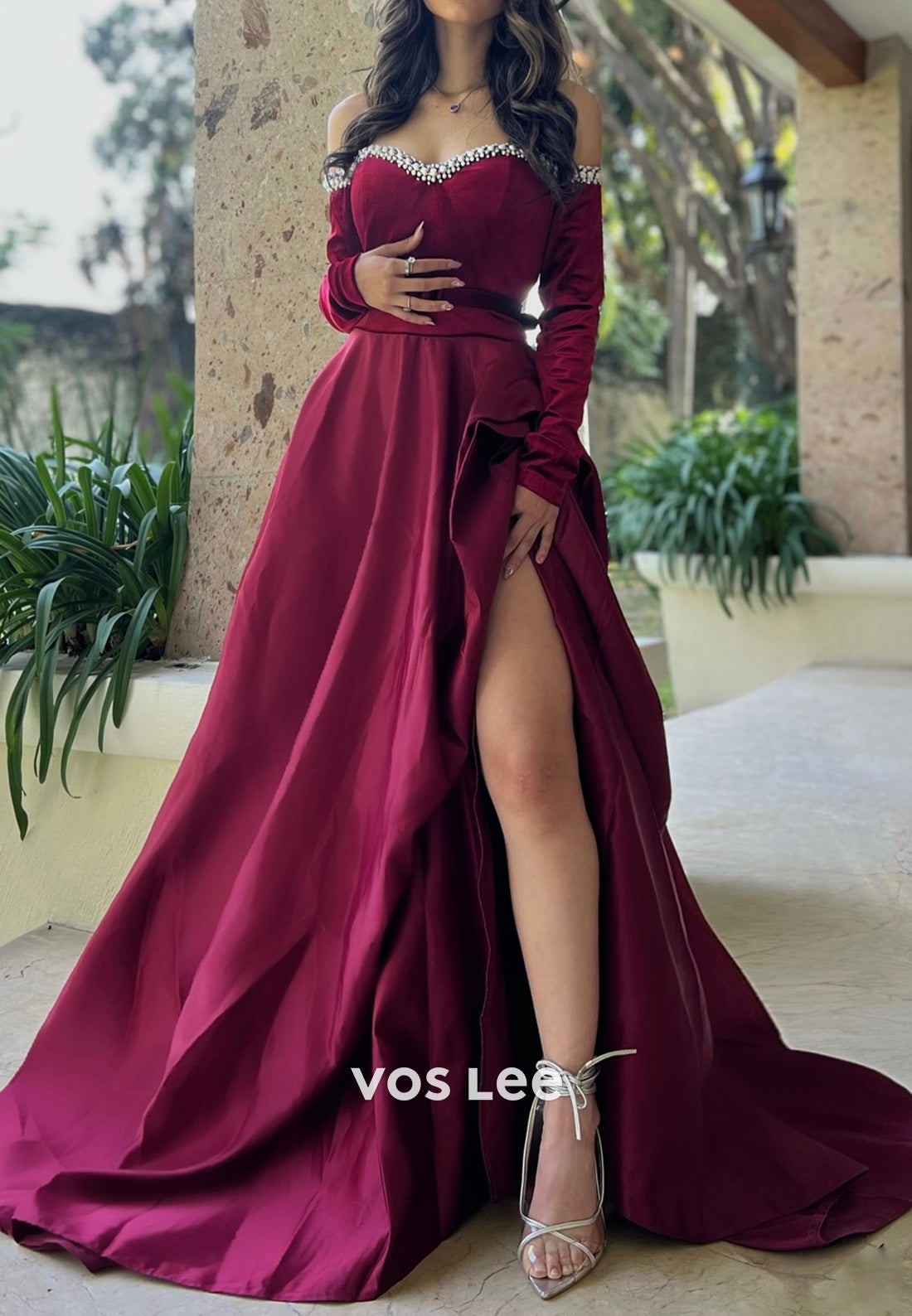 Long Sleeves Off-Shoulder Pearls Sweetheart Evening Dresses with High Split
