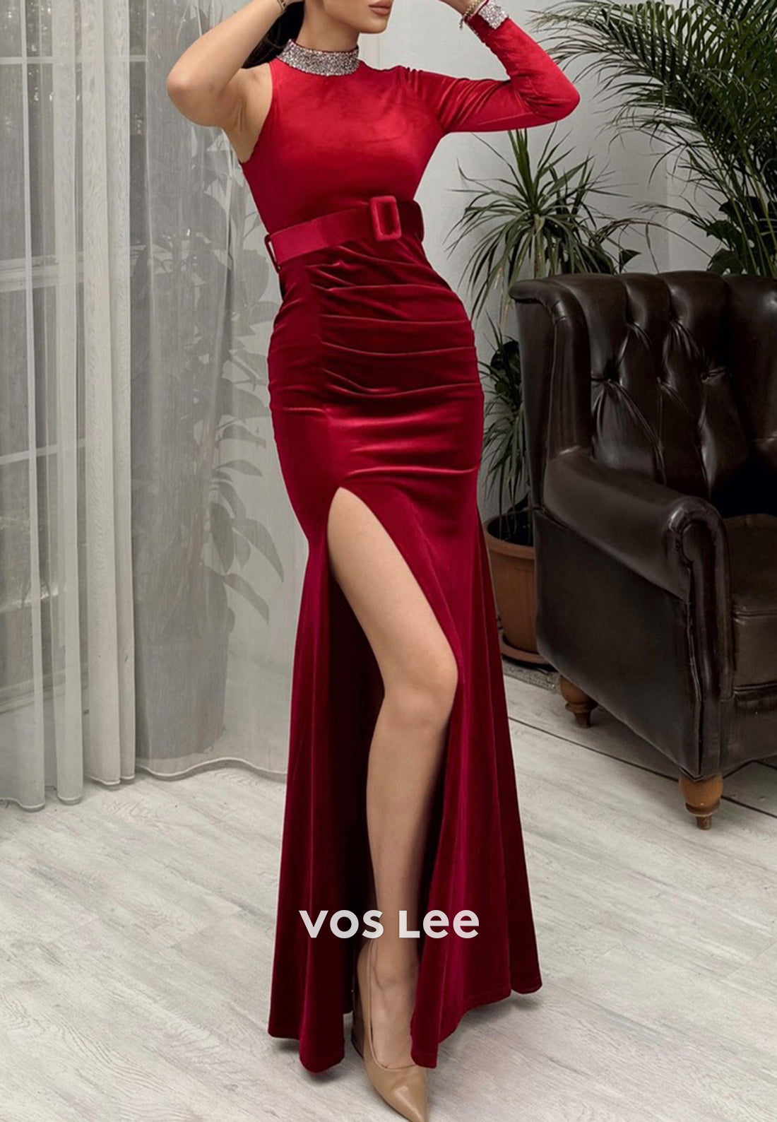 Long Sleeve High Neck Rhinestone Velvet Mermaid Evening Dresses with High Split