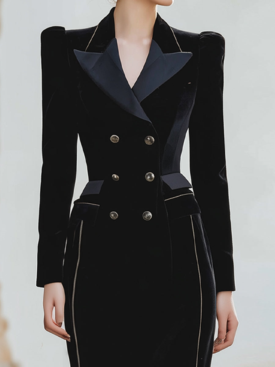 VOS LEE Velvet Double-Breasted Midi Dress In Noir Black