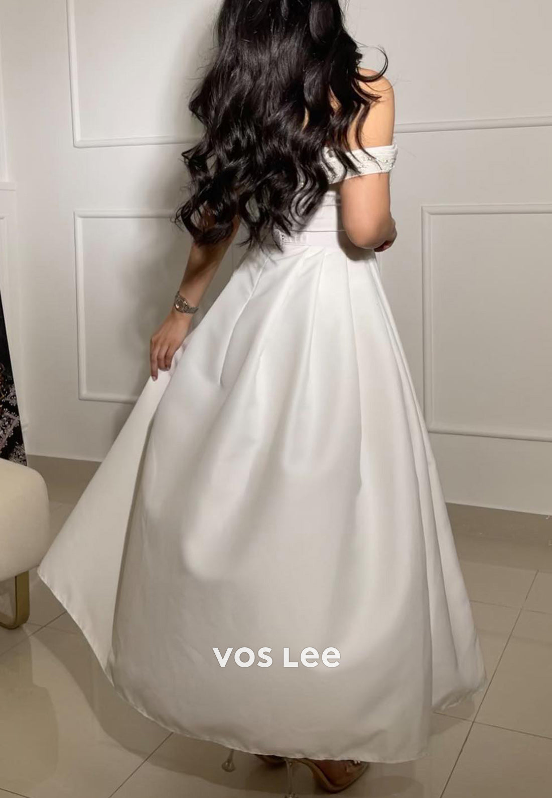 White A-Line Off the Shoulder Beaded Pleated Satin Evening Dresses
