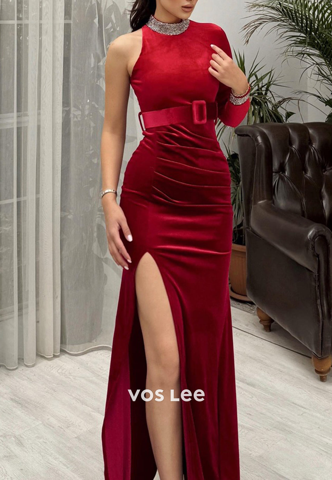 Long Sleeve High Neck Rhinestone Velvet Mermaid Evening Dresses with High Split