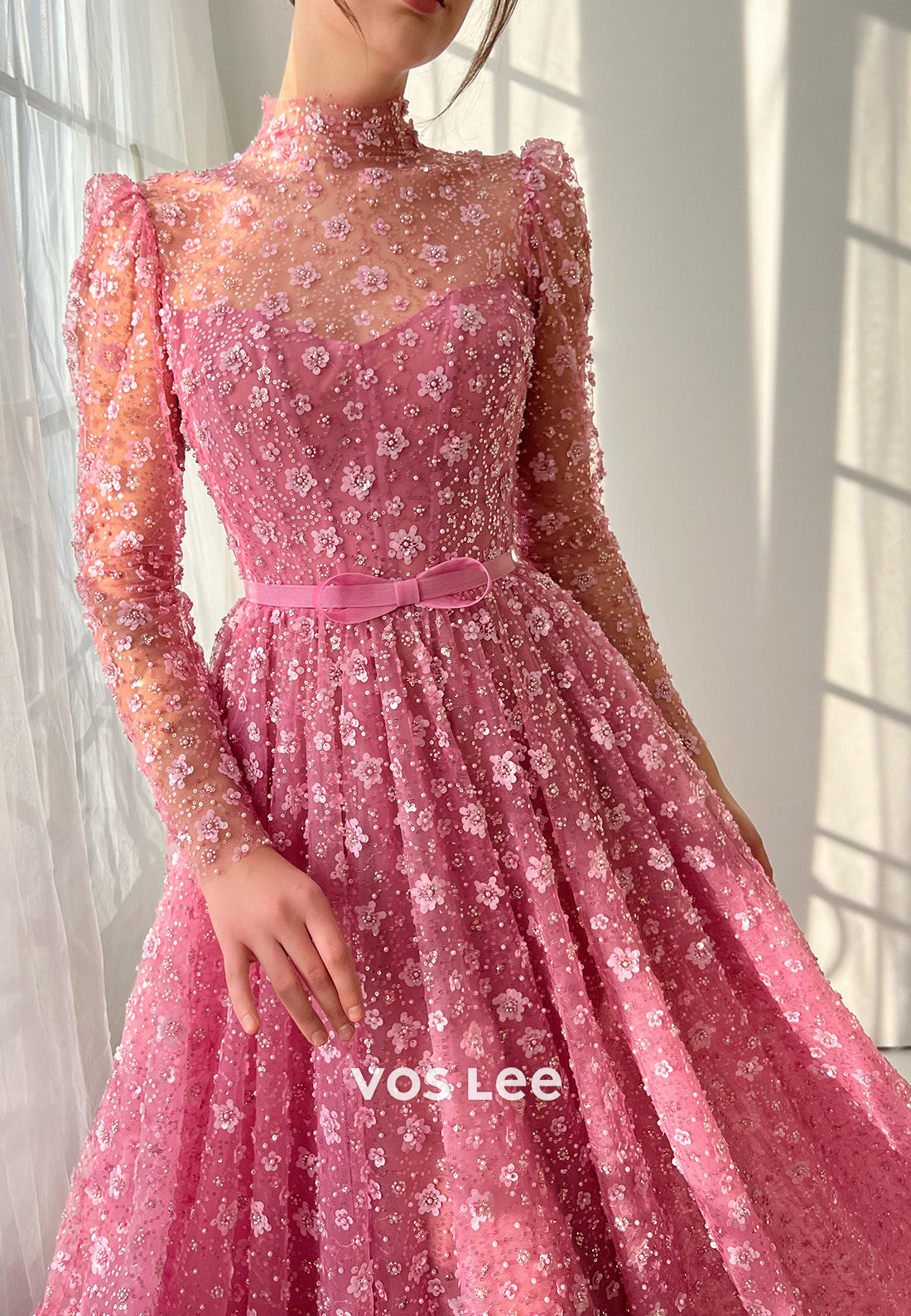 A-Line Long Sleeve Illusion Neck Pleated Floor-Length Prom Dresses