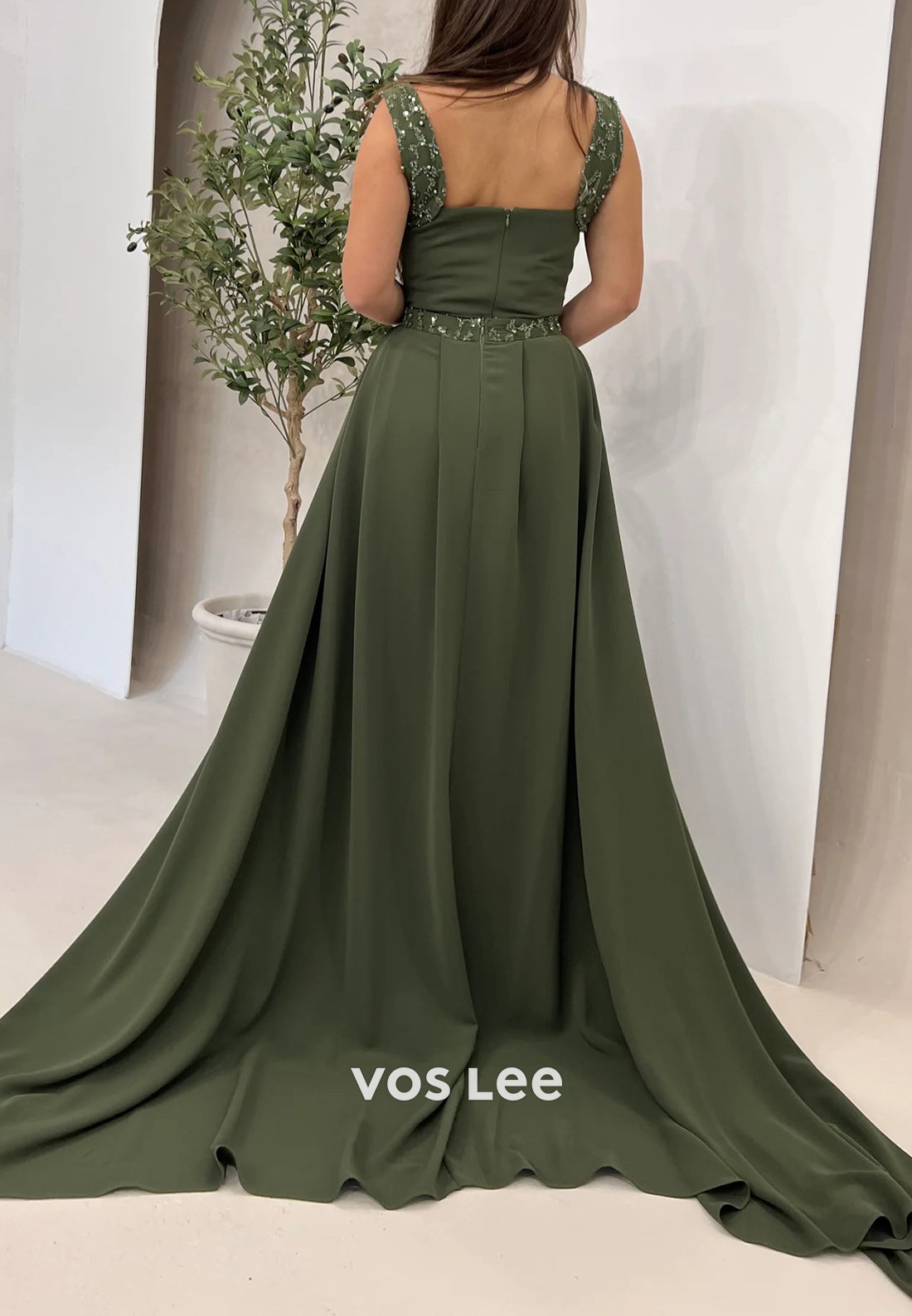 Spaghetti Straps Square Sequins Beaded Pleated Mermaid Evening Dresses with Court Train