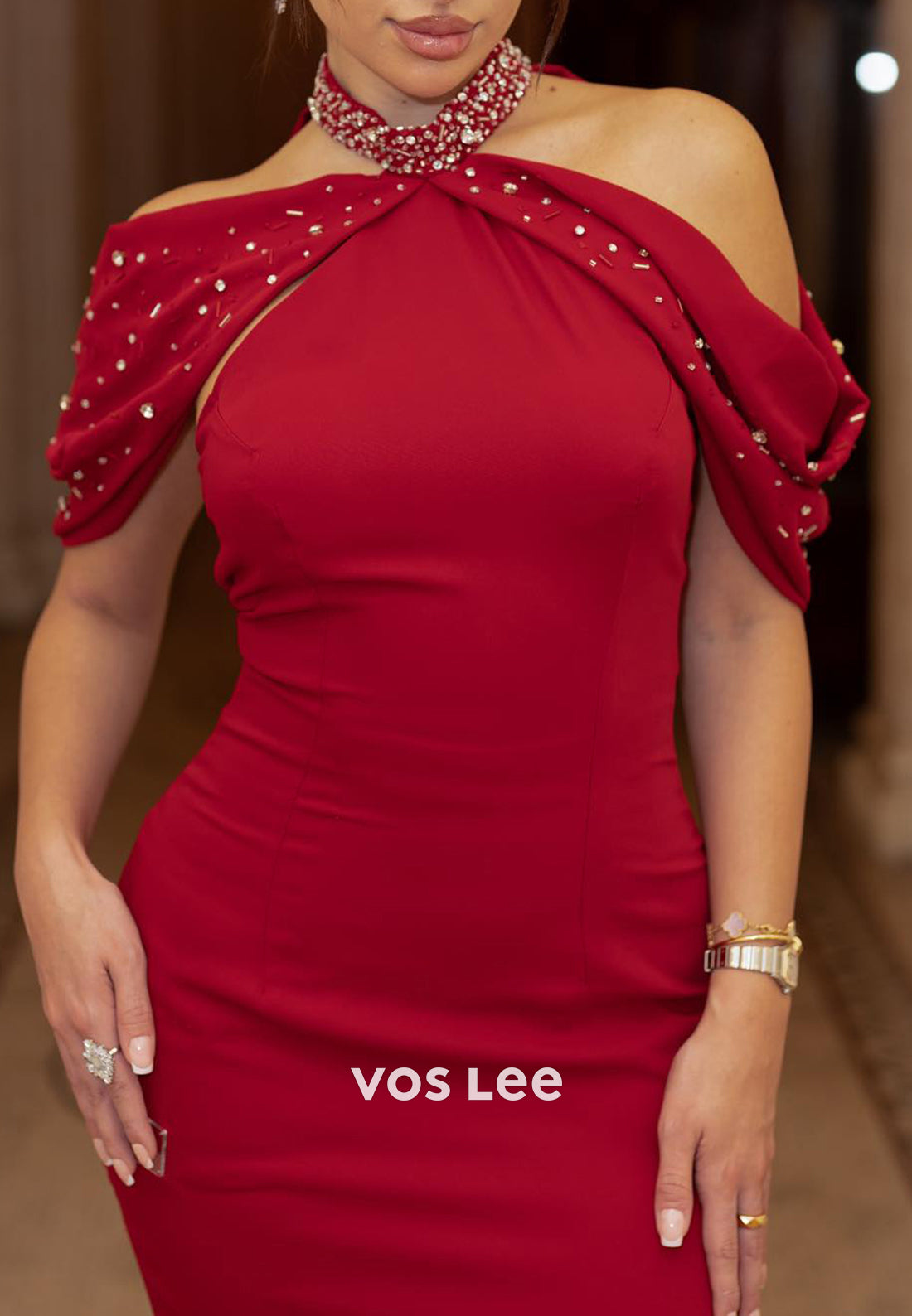 Burgundy Halter Beaded Embellished Mermaid Evening Dresses with Sweep Train