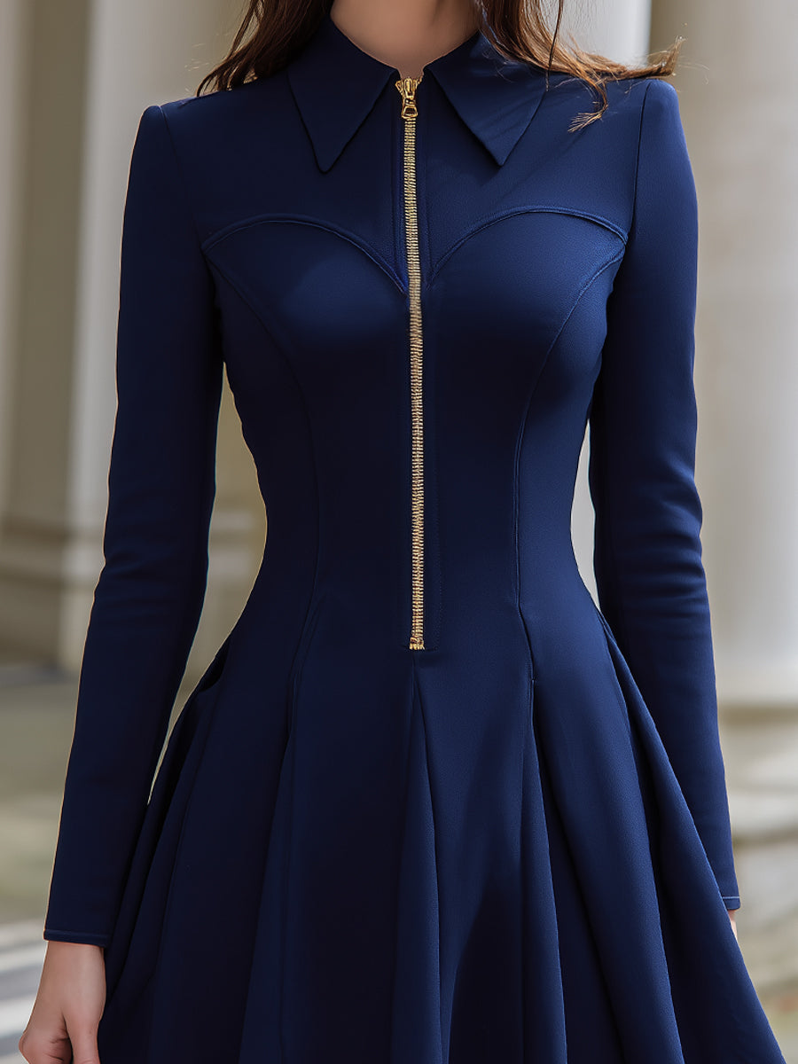 Navy Fit-and-Flare Zip-Front Dress