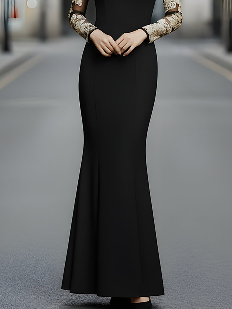 Black Embroidered Mesh Panel Evening Gown