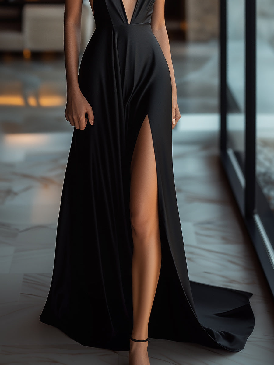 Black Deep V Gown With Slit Wedding Guest Dresses