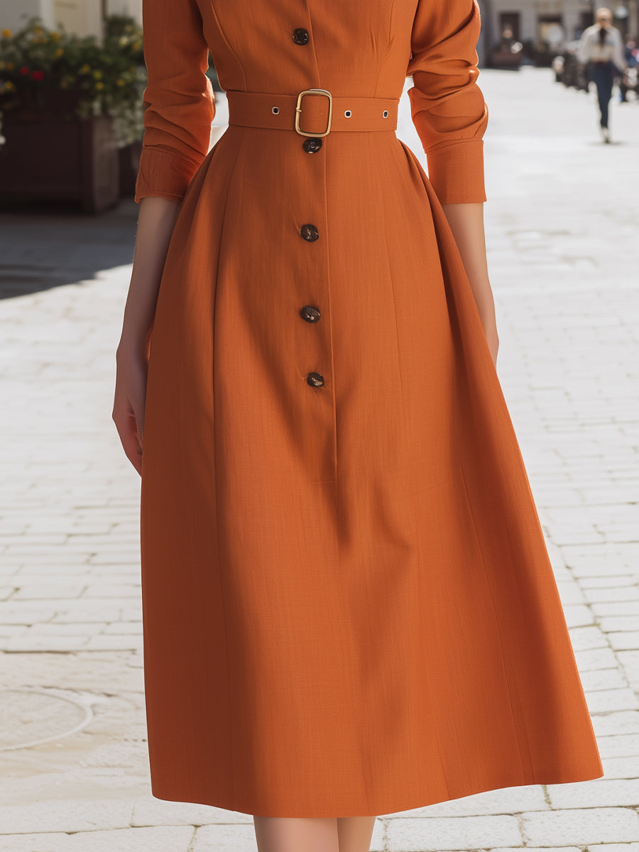 Tailored Pointed Collar Belted Midi Shirt Dress