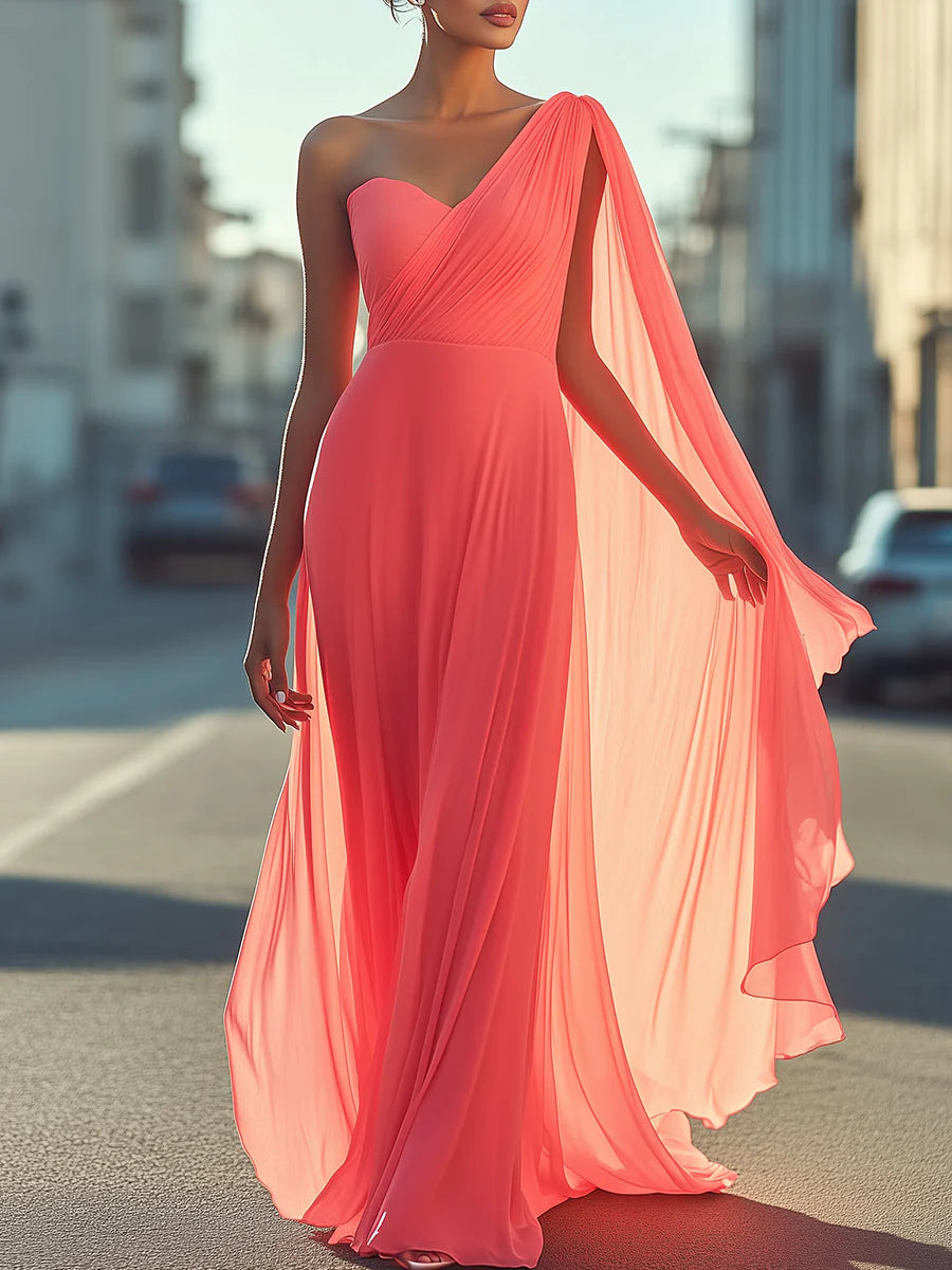 A-Line One Shoulder Sweetheart Floor-Length Pleated Wedding Guest Dresses