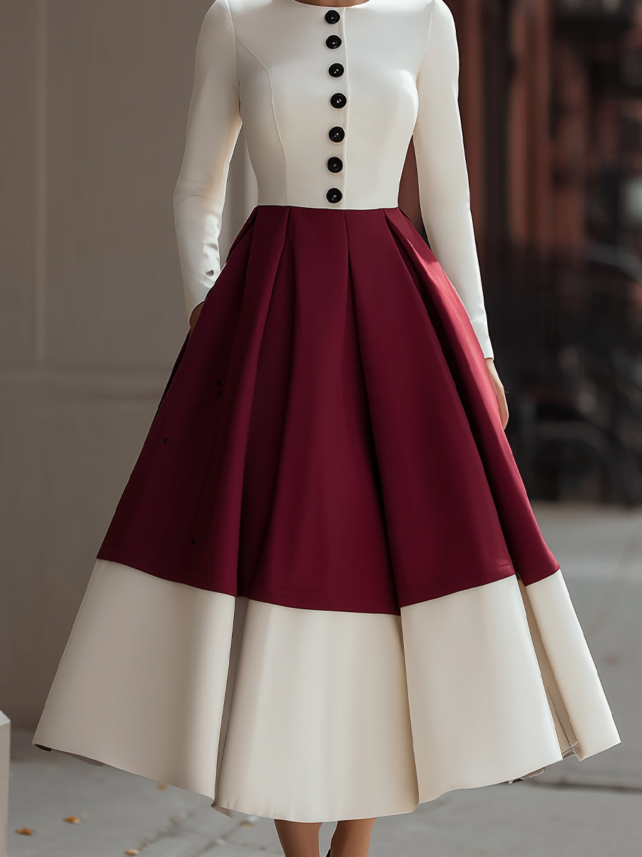 Ivory And Burgundy Colorblock Midi Dress With Button Detail