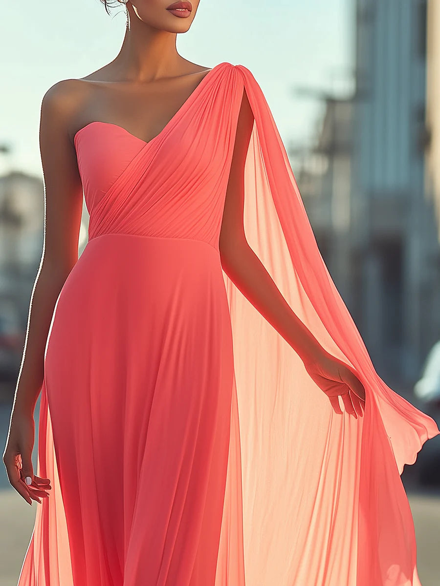A-Line One Shoulder Sweetheart Floor-Length Pleated Wedding Guest Dresses