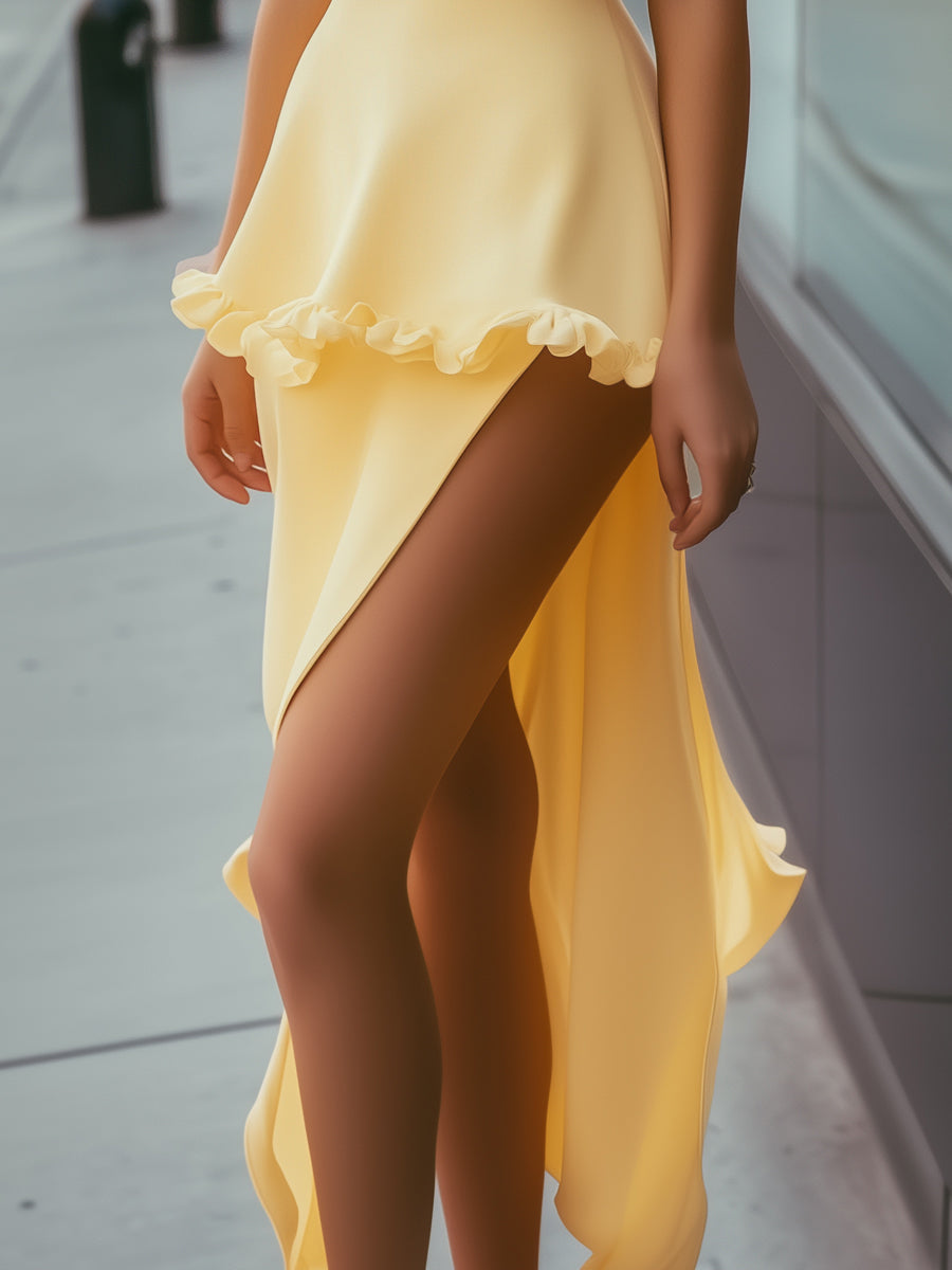 Sunlit Ruffle Trim High-Low Dress Wedding Guest Dresses